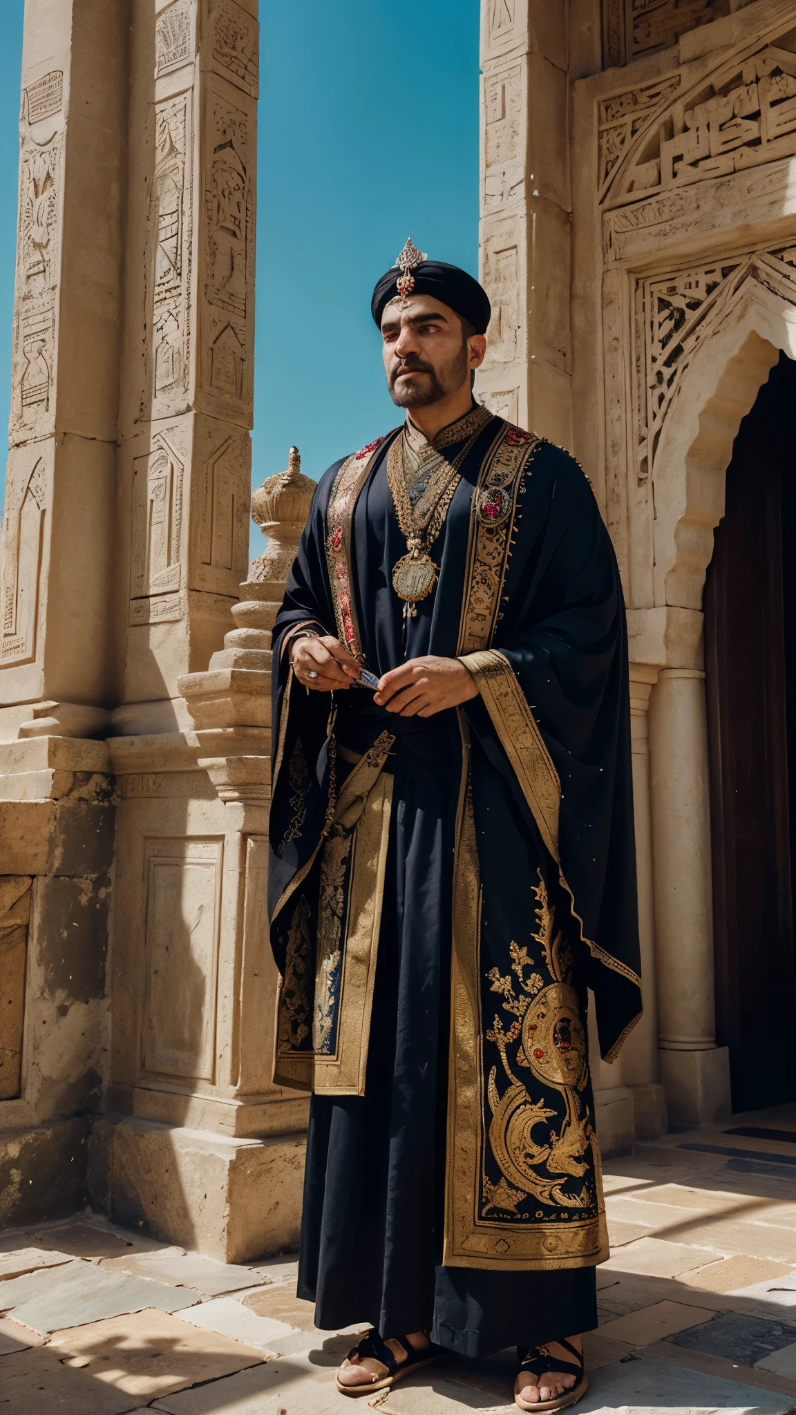 Within the grand halls of the ancient Persepolis, an Emperor of Iran stands adorned in resplendent regalia, a vibrant tapestry of colors that resonate with the essence of Persia's rich history. His robes, intricately woven with threads of emerald green, sapphire blue, and royal purple, evoke the lush landscapes and vibrant traditions of the land. A golden crown, embellished with precious gems and motifs inspired by Persian architecture, adorns his noble brow. Cascading behind him, a crimson cloak embroidered with motifs of mythical creatures and ancient symbols billows with regal grace. In his hand, he holds a scepter adorned with the iconic lion and sun emblem, symbolizing the enduring power and sovereignty of Iran's imperial legacy. Amidst the echoes of antiquity, he stands as a beacon of majesty, embodying the timeless splendor and vibrancy of Persian civilization,skin, 8k uhd, high quality, film grain, Fujifilm XT3