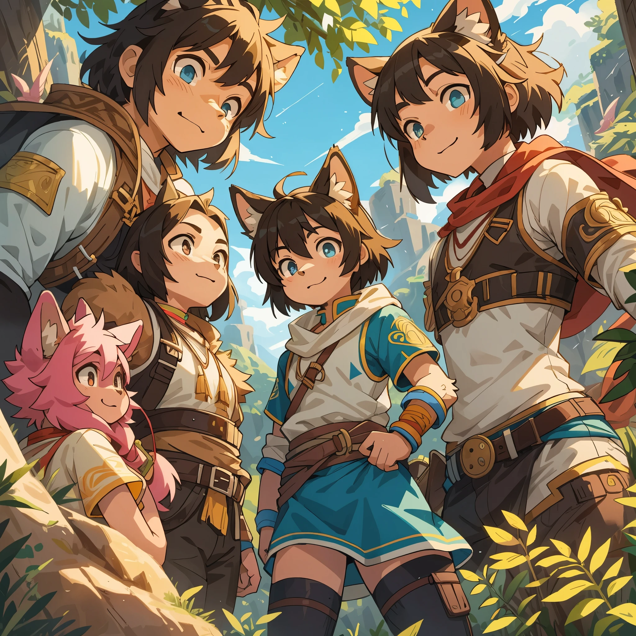dynamic angle, top quality, best quality, High-quality illustrations, masterpiece, super high resolution, detailed background, detailed background, Monkey A Journey to the West, action, group shot:0.1, 6+boys, 6+girls, absurdres(highly detailed beautiful face and eyes)perfect anatomy, expression, good lighting, cinematic shadow(kemono, furry anthro),