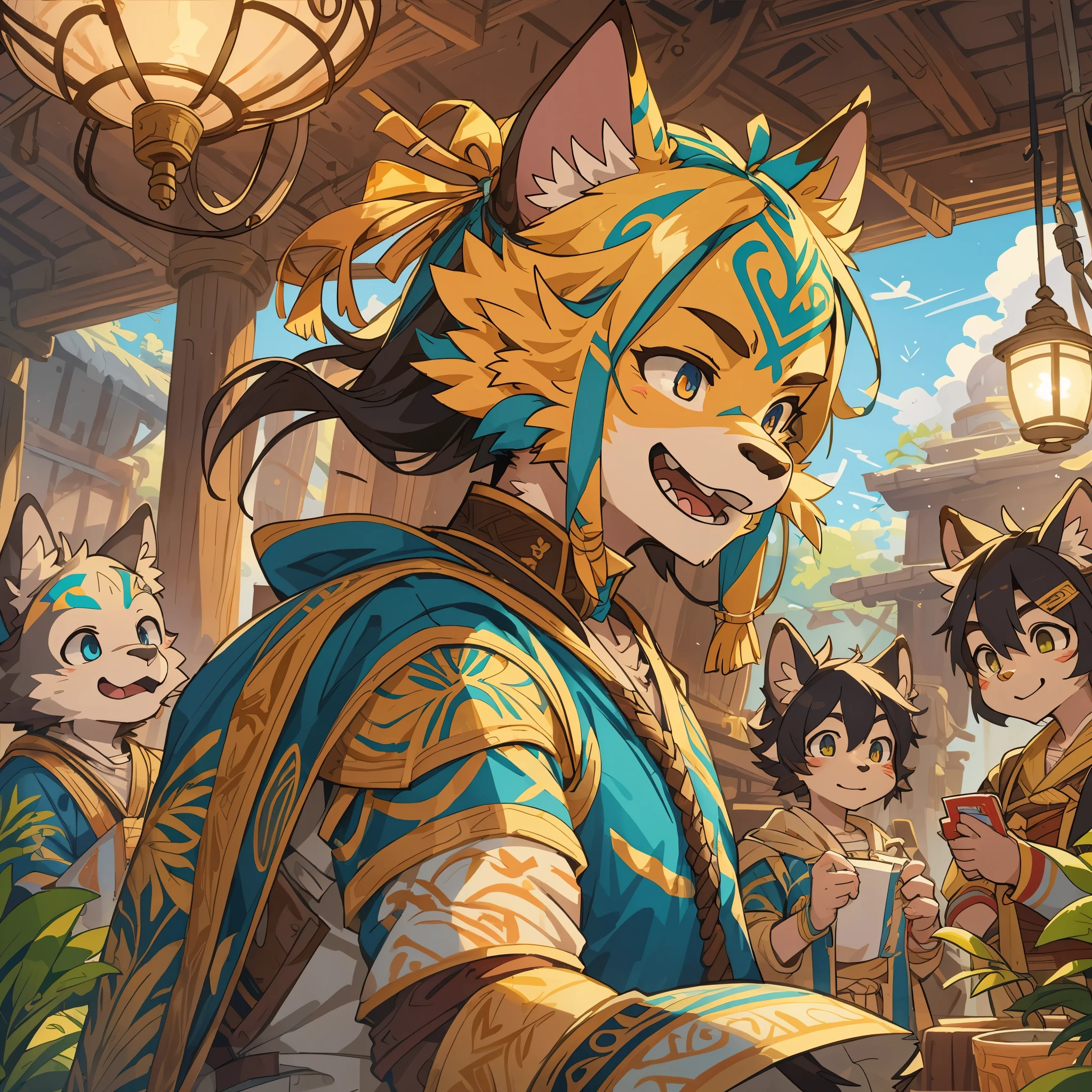 dynamic angle, top quality, best quality, High-quality illustrations, masterpiece, super high resolution, detailed background, detailed background, Monkey A Journey to the West, action, group shot:0.1, 6+boys, 6+girls, absurdres(highly detailed beautiful face and eyes)perfect anatomy, expression, good lighting, cinematic shadow(kemono, furry anthro),