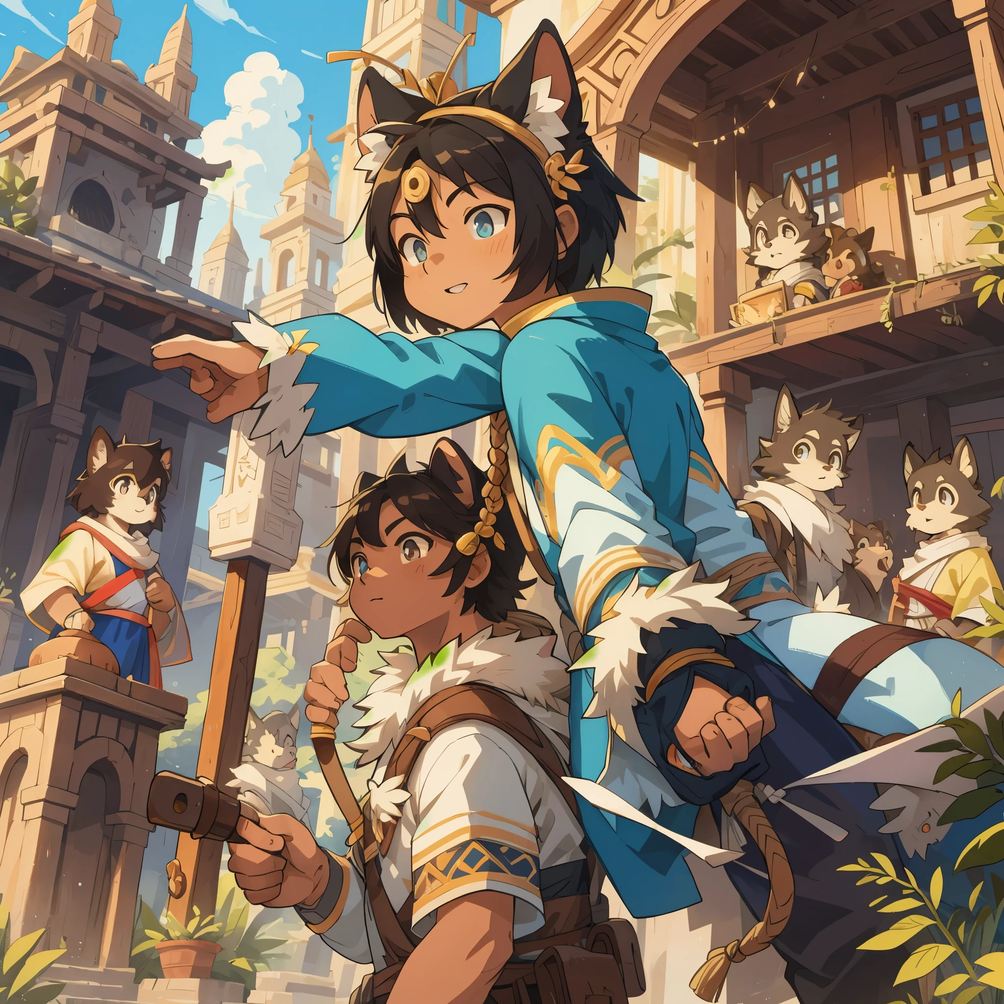 dynamic angle, top quality, best quality, High-quality illustrations, masterpiece, super high resolution, detailed background, detailed background, Monkey A Journey to the West, action, group shot:0.1, 6+boys, 6+girls, absurdres(highly detailed beautiful face and eyes)perfect anatomy, expression, good lighting, cinematic shadow(kemono, furry anthro),