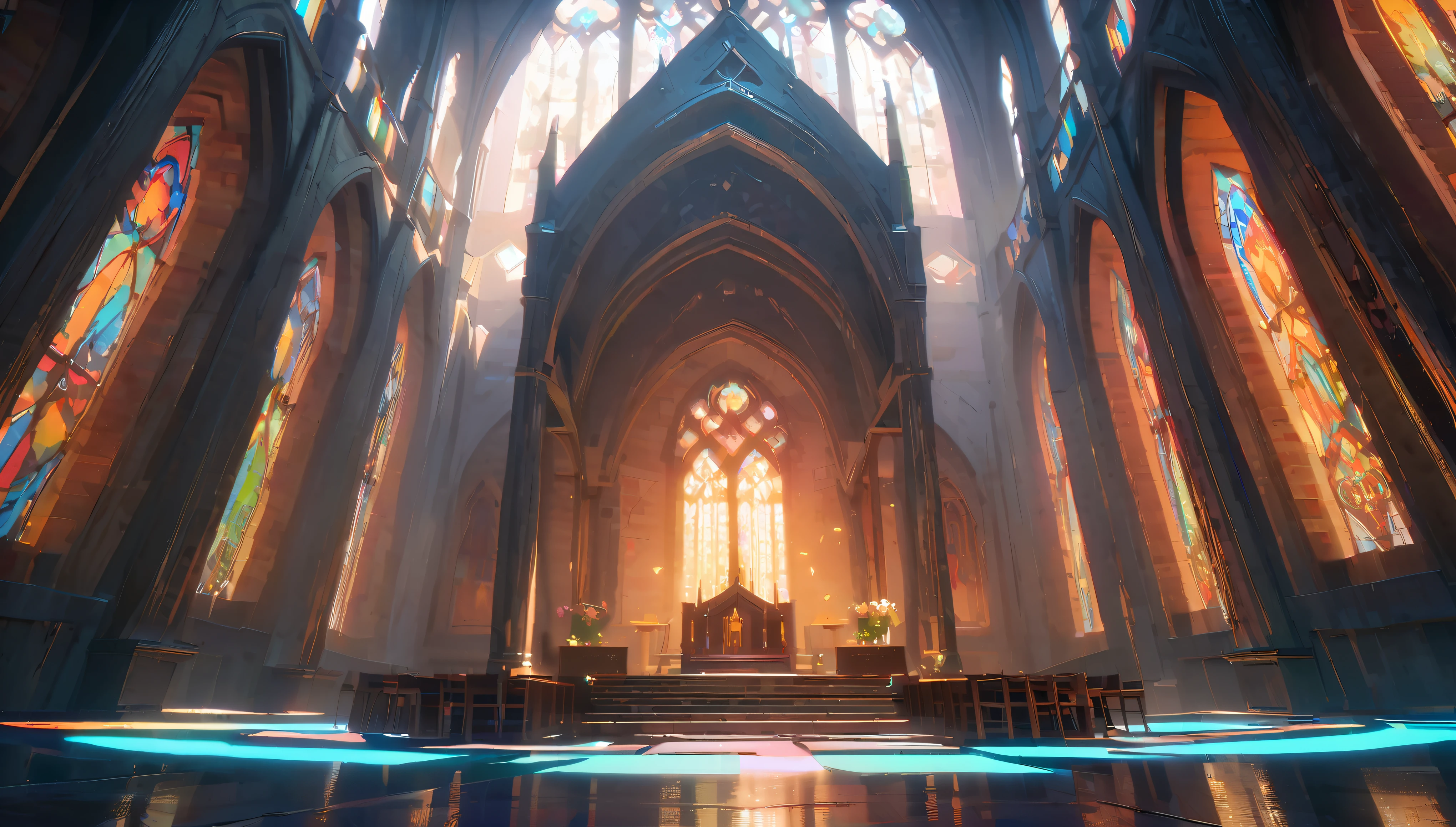 bloom, reflective, fairytail,cahpel, peaceful , fantasy, fairytail,chapel, rim light, super detail, detailed background, dungeons and dragons, trending on artstation., ray tracing, bright day, best quality, gradient white cyan, highres, 4k, dnd, high quality, cathedra
