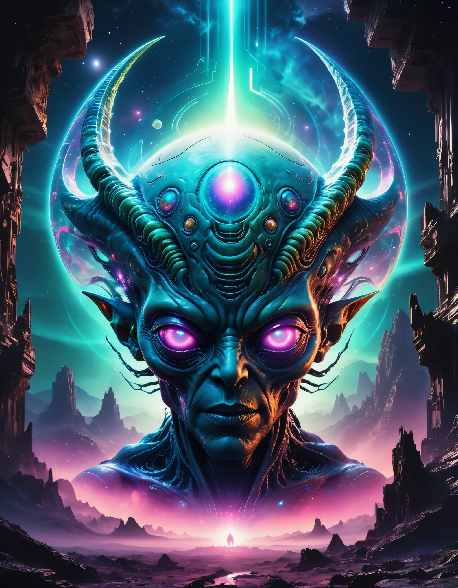 (luminous alien head popping out),(best quality,4k,8k,highres,masterpiece:1.2),ultra-detailed,(realistic,photorealistic,photo-realistic:1.37),fantasy,extraterrestrial,glowing,otherworldly,illuminated,neon lights,eerie,alien technology,shadowy figure,luminous mist,wisps of light,flickering lights,mysterious,piercing eyes,translucent skin,colorful patterns,sharp teeth,crystal-like horns,unearthly landscape,ruins,cosmic energy,celestial body,night sky,futuristic,metallic textures,sci-fi,surreal,sublime,colorful haze,dark silhouette,ambient glow