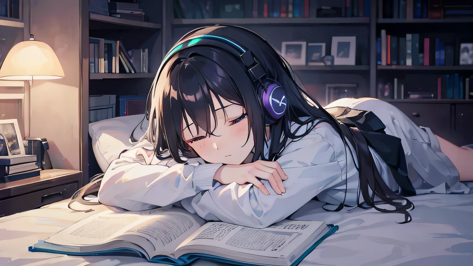 night Indirect lighting shines in a pitch-black bedroom。A room with messy books on the desk。Lie on the bed and rest your chin on your head、A girl wearing headphones is sleeping while listening to music. anime style illustration
