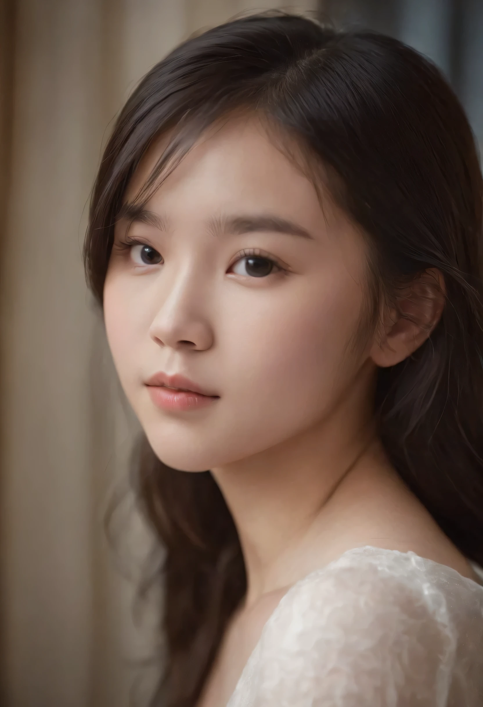 Beautiful Chinese girl of 14 years old standing naked，adorable，white and soft，short and thin hair