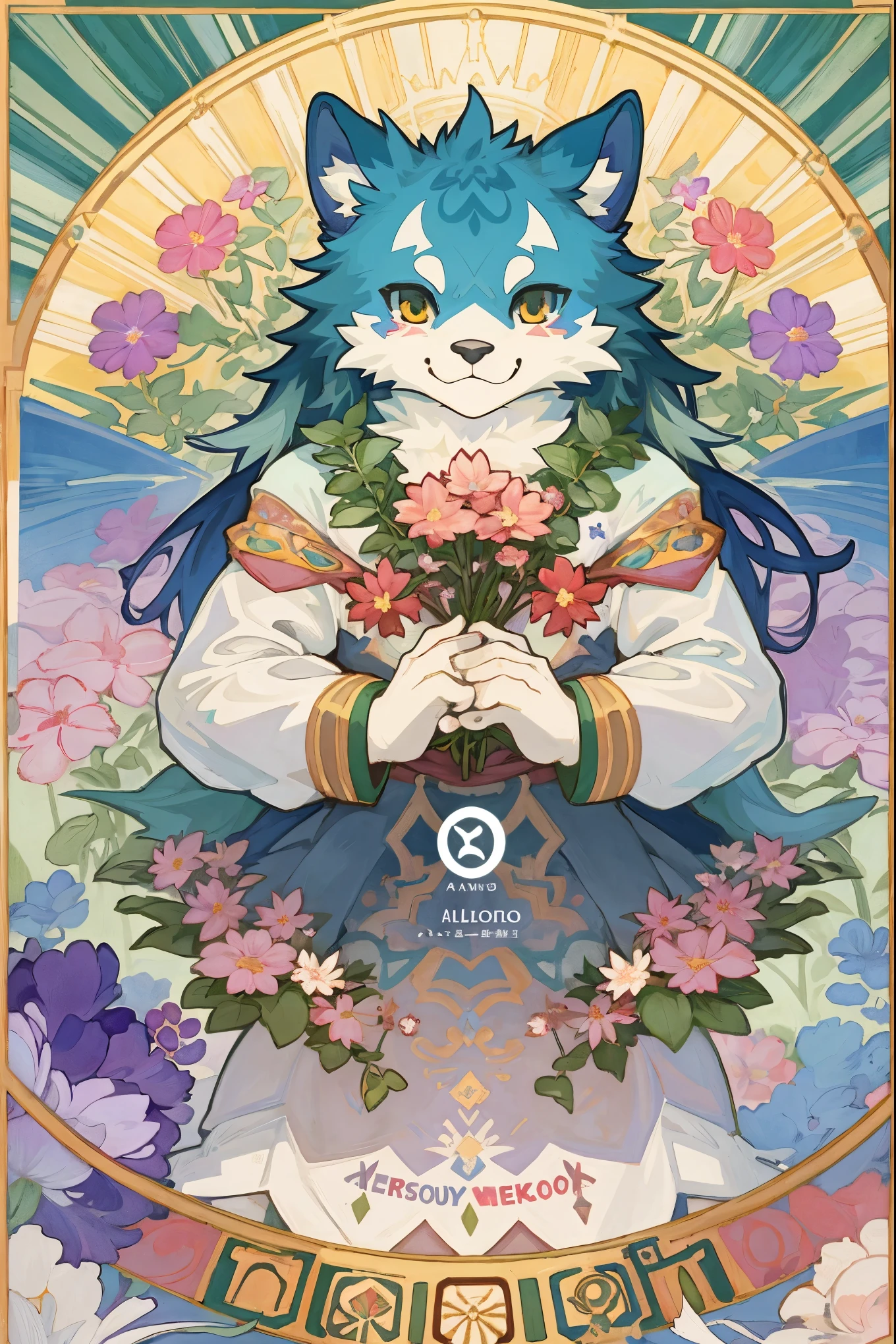 cover page, Perfume poster, kaleidoscope, rzminjourney, vector-art, High-quality illustrations by Alfons Mucha, masterpiece(kemono, furry anthro)logo mark, round, colorful flower,