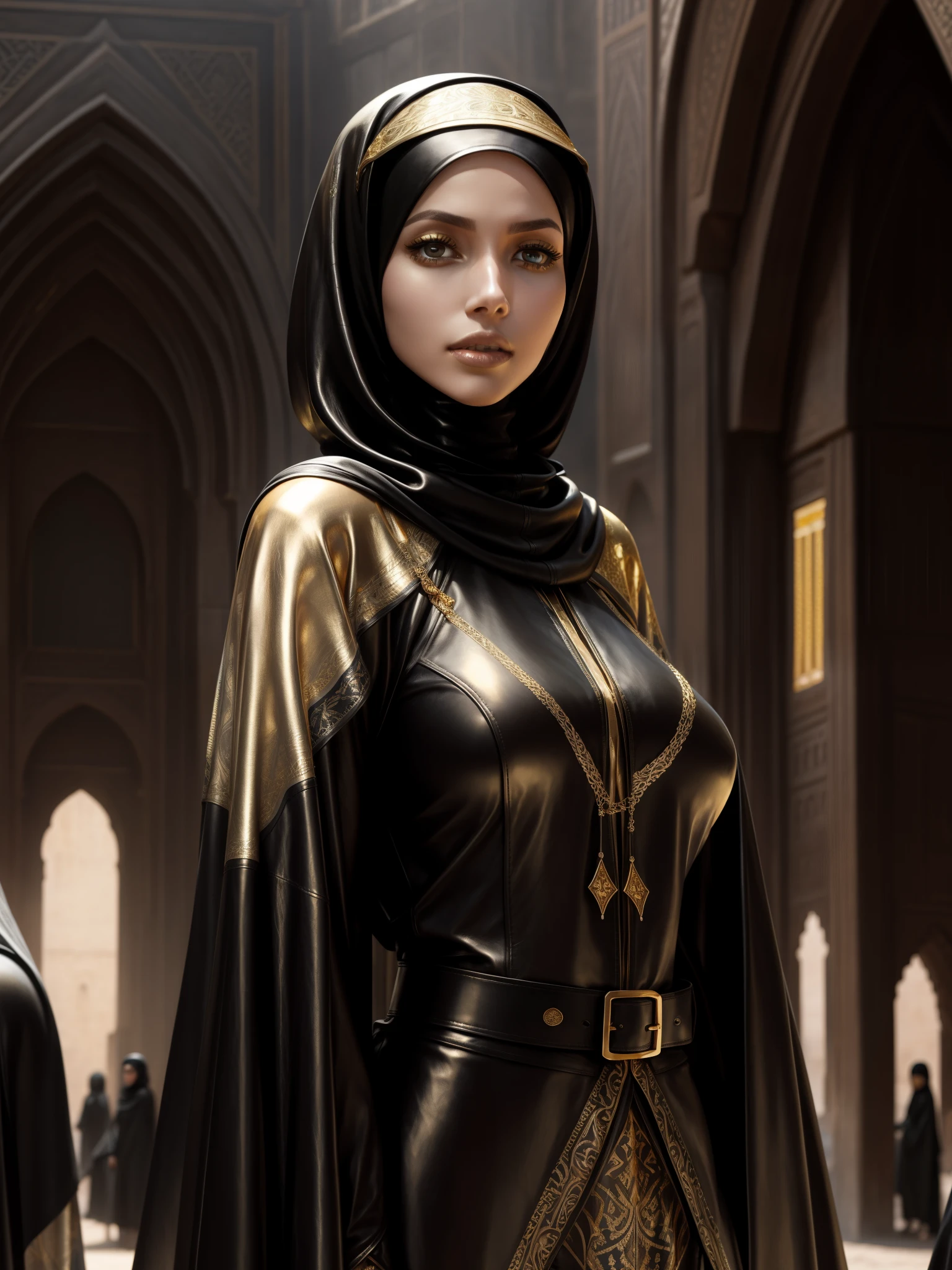 gorgeous woman, professional, (4k photo) by (Jeremy Lipking:0.3), (Dittmann Anna:0.3), (Arian Mark:0.3), (Sharp focus:1.3), (beautiful woman:1.3), wearing (leather hijab, leather abaya with intricate gold details:1.2), perfect make-up, striking, mesmerizing eyes, beautiful detailed face, standing in an arabian medieval marketplace