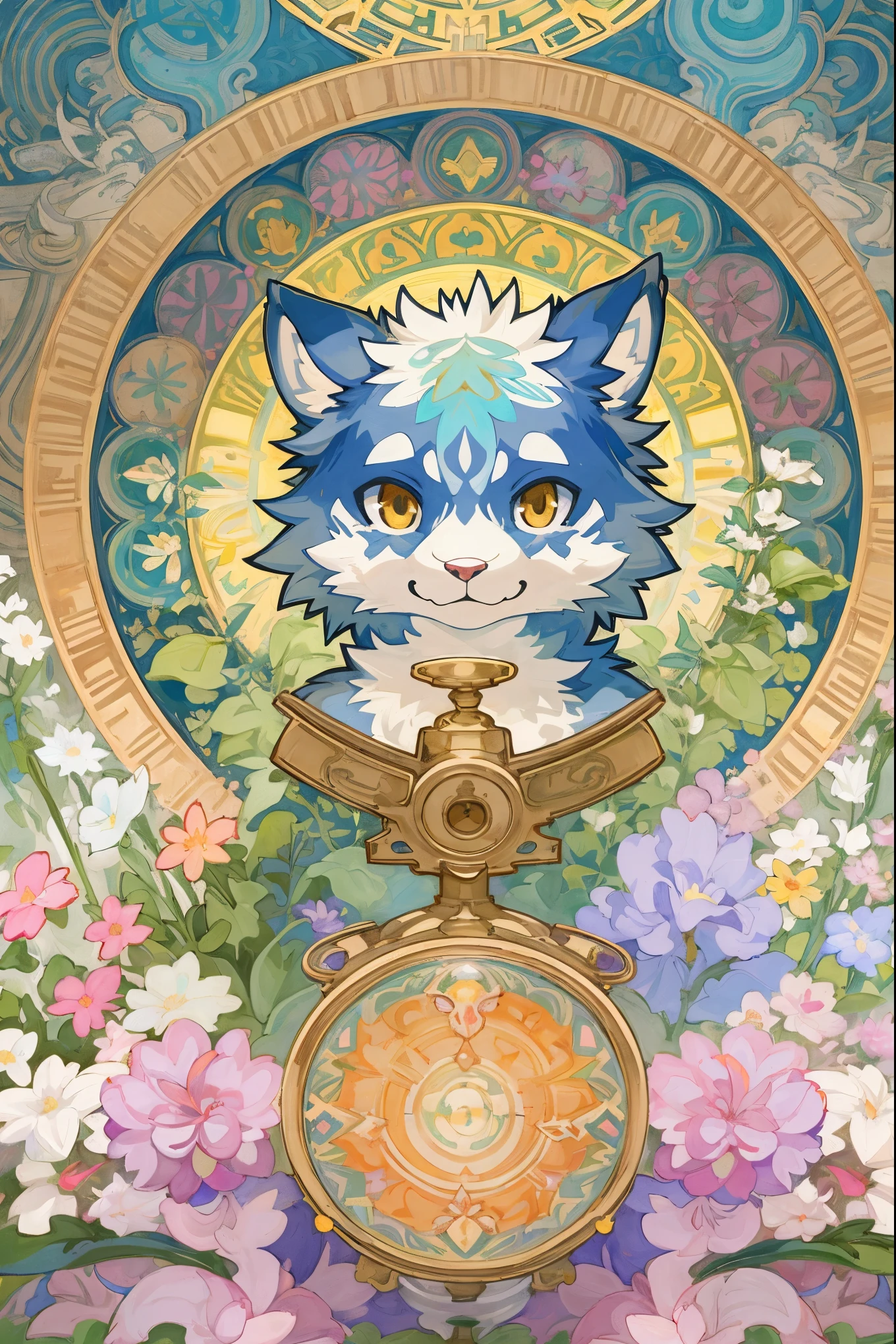 cover page, Perfume poster, kaleidoscope, rzminjourney, vector-art, High-quality illustrations by Alfons Mucha, masterpiece(kemono, furry anthro)logo mark, round, colorful flower,