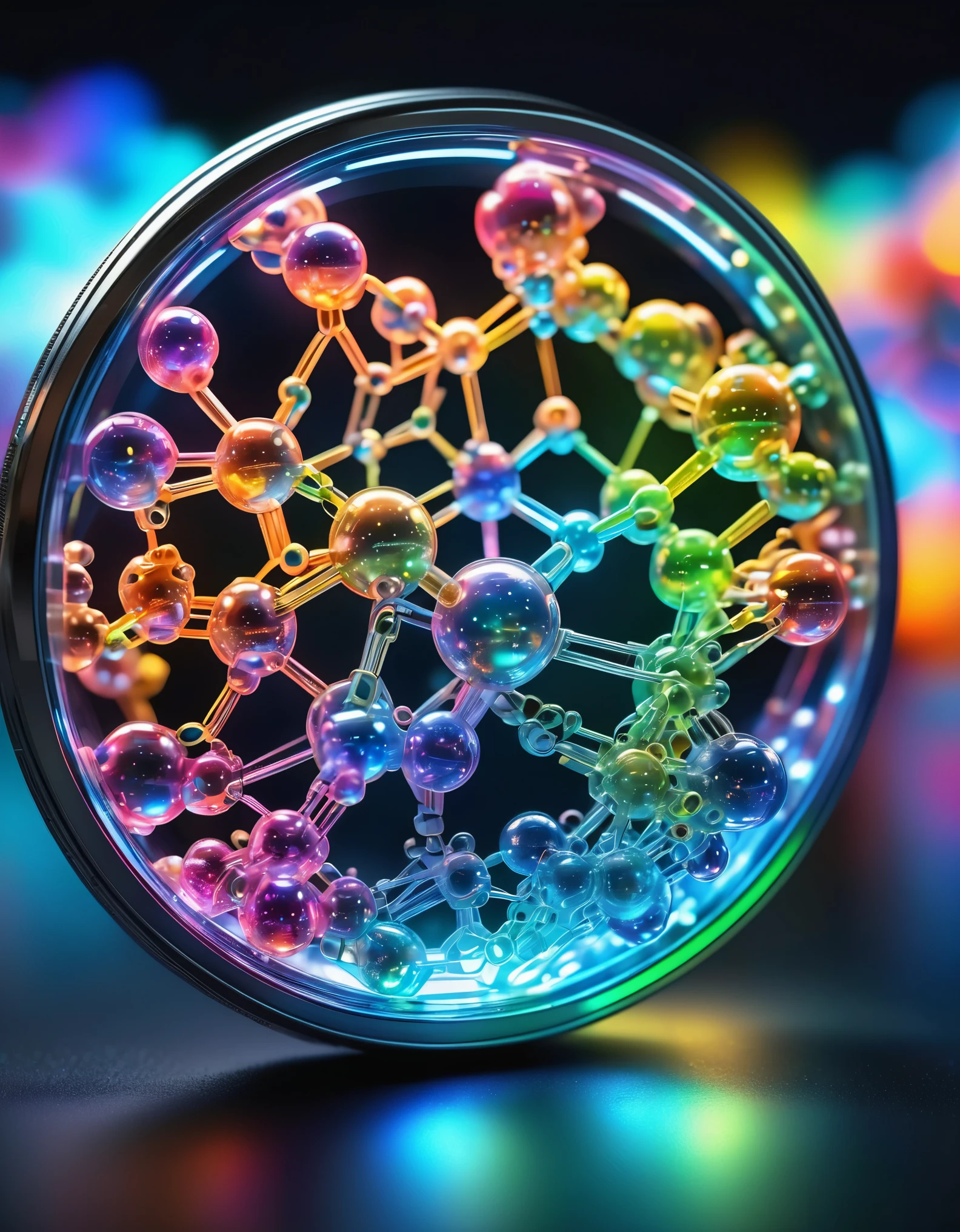 luminous key chain, microscopic view,illustration,highres,ultra-detailed,sharp focus,vivid colors,studio lighting,magnified view,shining light,macro lens,molecular structure,translucent,glowing,miniature,neon glow