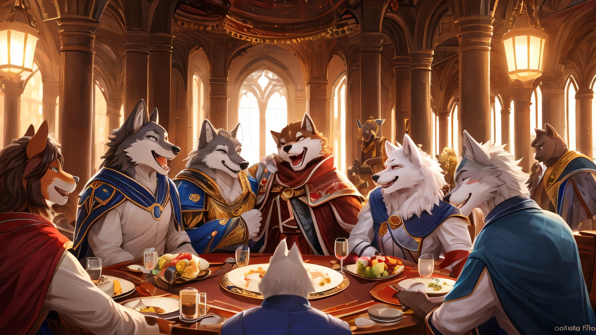 Anthro((dramatic))epic, dynamic pose, One scene of movie, An extreme perspective with a powerful composition, absurdres, Perfect Anatomy, magnificent picture of kemono fighting fierce battles, (ultra detailed), sharp focus, niji, eyesgod, black eye, furry, light-white fur, brown fur, white beard, anthro (wolf), male, middle-aged, gray body, white belly, tail, muscular, knight costume, long red cherry cloak, ultra detailed face, depth of field, motion blur, (best quality), (masterpiece), high details, high quality, award winning, highres, HD, 16k, laughing face, close-up of joyful expressions, a group of friends, genuine laughter, delightful camaraderie, joyful atmosphere, radiant smiles, contagious happiness, heartwarming laughter, friends sharing a joke, carefree moments, genuine laughter, cheerful companionship, close bond, unforgettable memories, joyous laughter, pure happiness, authentic emotions, shared laughter, positive vibes, genuine connection, happy moments, life's simple pleasures, warmth and laughter, genuine friendship, precious moments, happy gathering, vibrant energy, carefree joy, laughter echoing in the air, everlasting smiles, (best quality,4k,8k,highres,masterpiece:1.2),ultra-detailed,realistic:1.37,HDR,UHD,studio lighting,extreme detail description,professional,vivid colors,bokeh,lively atmosphere, natural lighting