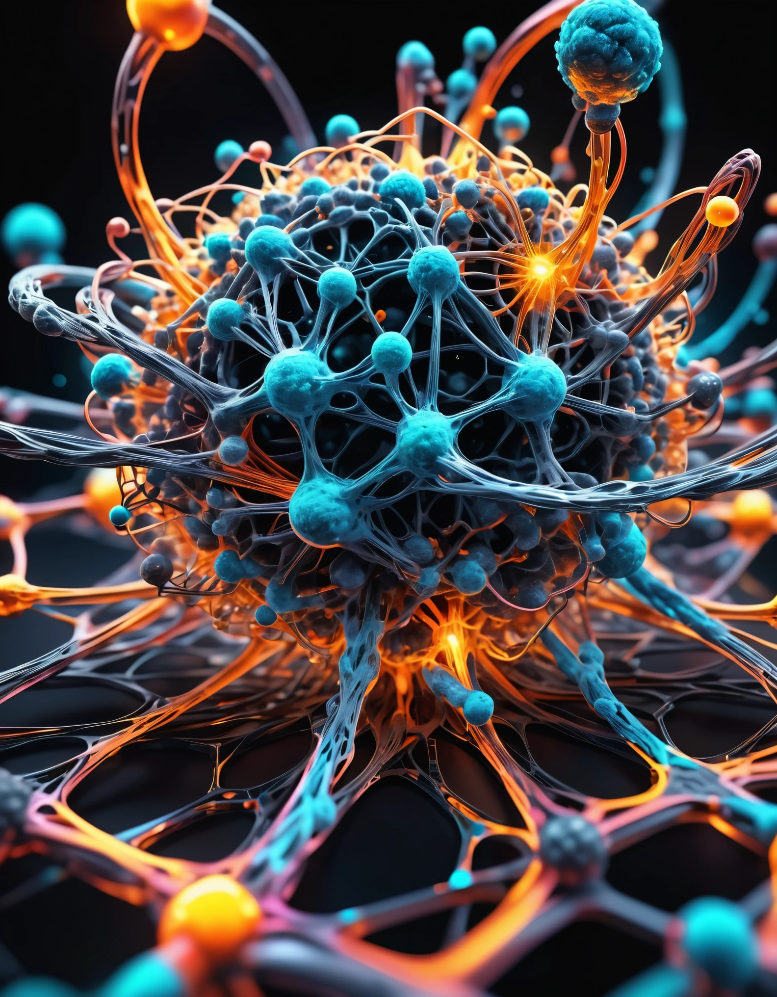 luminous carbon bonds,microscopic view,(best quality,4k,8k,highres,masterpiece:1.2),ultra-detailed,professional,vivid colors,physically-based rendering,HDR,intense lighting,sharp focus,carbon molecules,scientific abstract,under electron microscope,dynamic movement,shimmering effect,detailed atomic structure,organic chemistry,molecular arrangement,deep black background,futuristic aesthetic,retain molecular integrity,reflective surfaces,complex connectivity,powerful energy flow,glowing carbon nanotubes,neon glow.