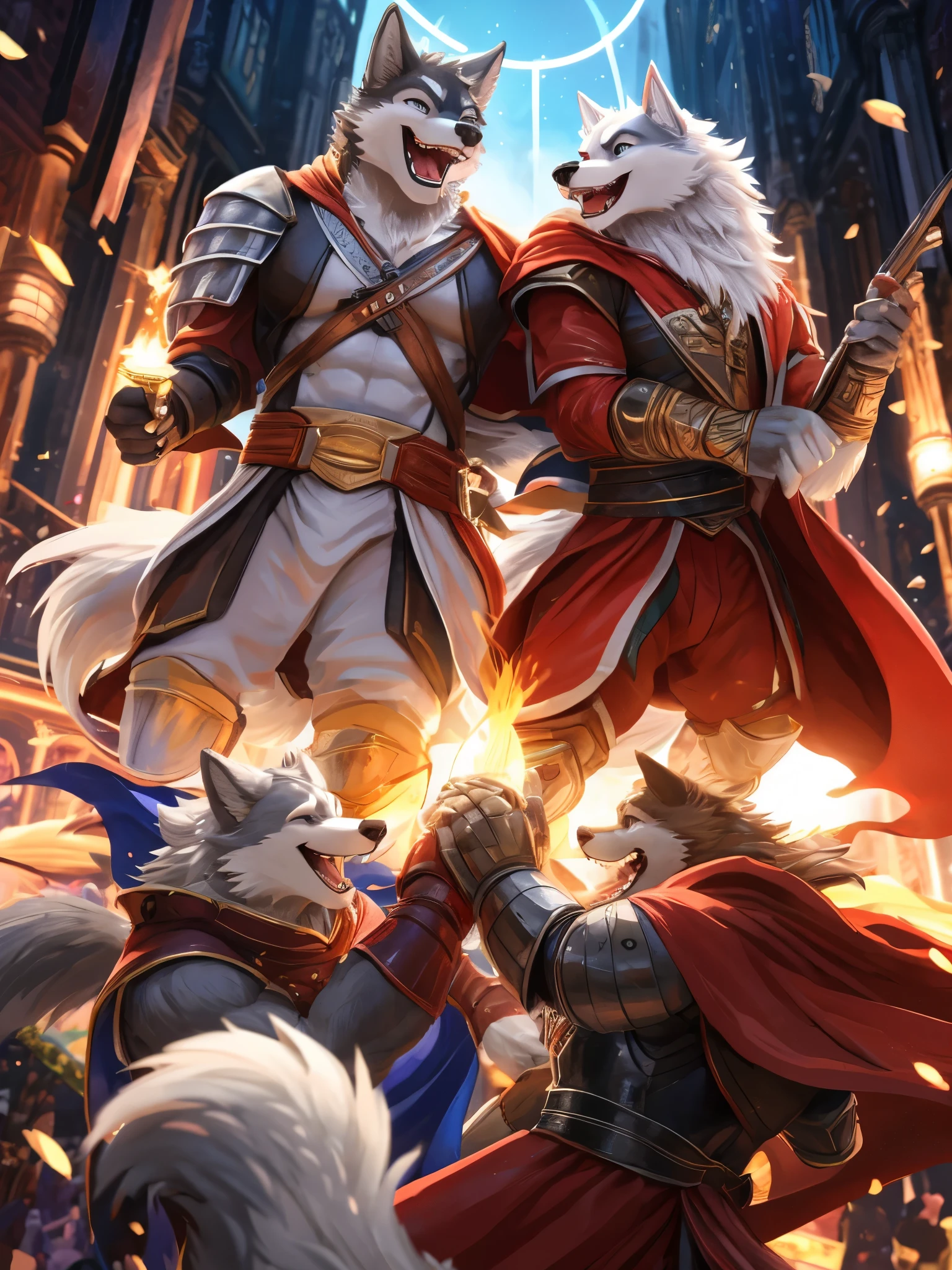 Anthro((dramatic))epic, dynamic pose, One scene of movie, An extreme perspective with a powerful composition, absurdres, Perfect Anatomy, magnificent picture of kemono fighting fierce battles, (ultra detailed), sharp focus, niji, eyesgod, black eye, furry, light-white fur, brown fur, white beard, anthro (wolf), male, middle-aged, gray body, white belly, tail, muscular, knight costume, long red cherry cloak, ultra detailed face, depth of field, motion blur, (best quality), (masterpiece), high details, high quality, award winning, highres, HD, 16k, laughing face, close-up of joyful expressions, a group of friends, genuine laughter, delightful camaraderie, joyful atmosphere, radiant smiles, contagious happiness, heartwarming laughter, friends sharing a joke, carefree moments, genuine laughter, cheerful companionship, close bond, unforgettable memories, joyous laughter, pure happiness, authentic emotions, shared laughter, positive vibes, genuine connection, happy moments, life's simple pleasures, warmth and laughter, genuine friendship, precious moments, happy gathering, vibrant energy, carefree joy, laughter echoing in the air, everlasting smiles, (best quality,4k,8k,highres,masterpiece:1.2),ultra-detailed,realistic:1.37,HDR,UHD,studio lighting,extreme detail description,professional,vivid colors,bokeh,lively atmosphere, natural lighting