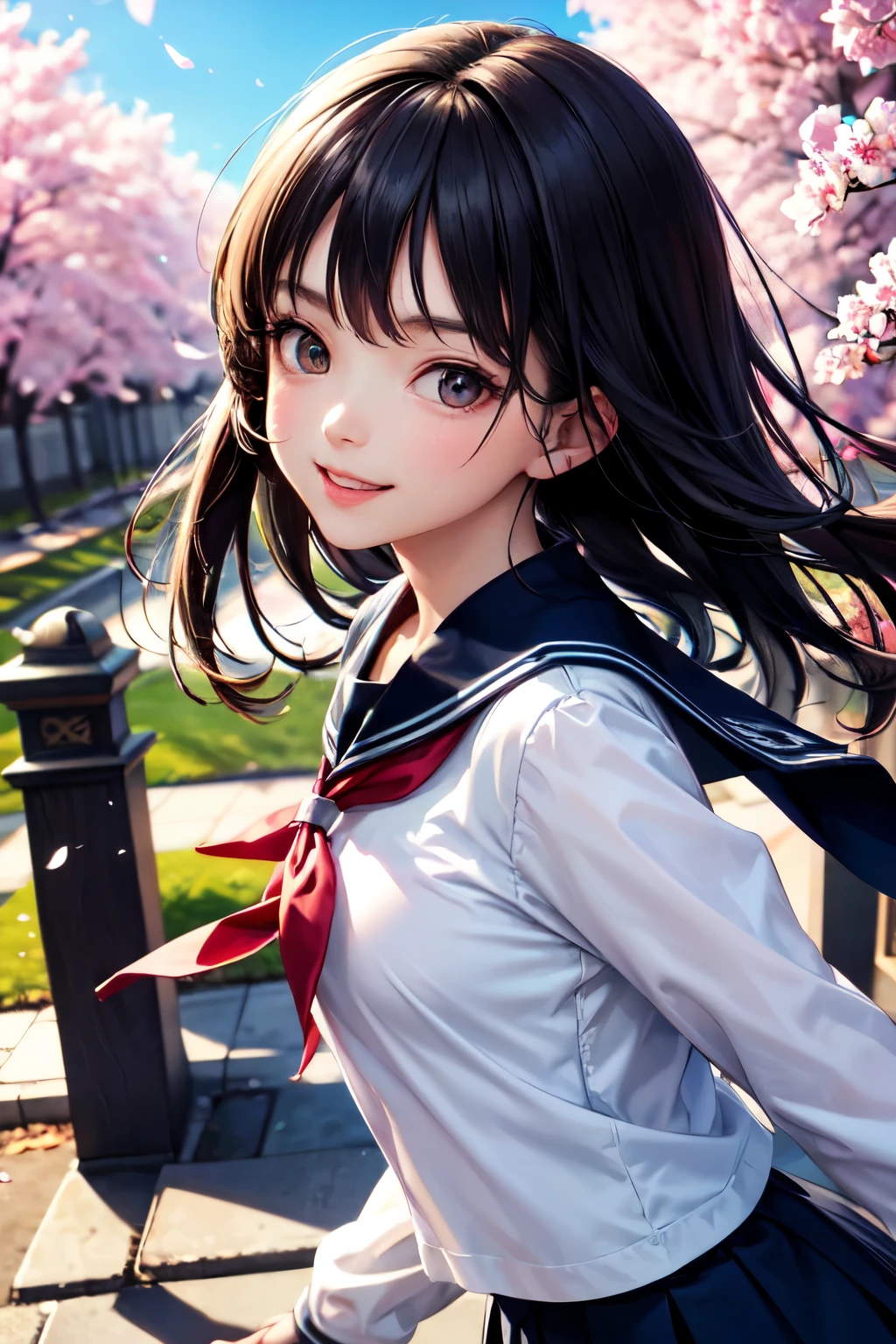 very cute and beautiful girl,(highly detailed beautiful face),
sailor ,long sleeve,(navy blue pleated mini skirt),cowboy shot,
(smile),happy,looking at viewer,black hair,school entrance with stone gate,cherry blossom,
best quality,masterpiece,absurdres,highres,ultra-detailed,extremely detailed,32k,8k resolution,
intricate details,cinematic scene,detailed background,solo,dynamic angle,
natural lighting,hair fluttering in the wind,beautiful detailed sky,