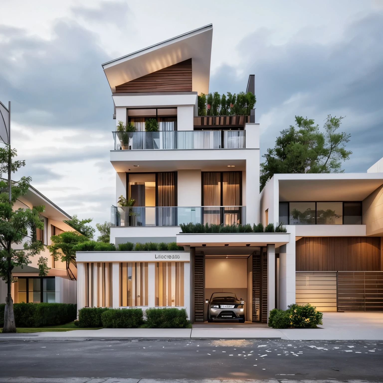 modern house, beautiful view, large windows, ((white wall)), (glass railings), surrounded by trees, lawn, (large sliding glass doors), linear straight line, sunset light, neutral colored lights, beautiful, cloudy sky, landscape, plain terrain, RAW photo, subject, 8k uhd, dslr, soft lighting, high quality, film grain, Fujifilm XT3
