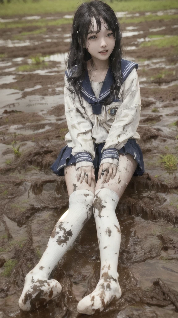 (highest quality,4k,8K,High resolution,masterpiece:1.2),Super detailed,(realistic,photorealistic,photo-realistic:1.37),High resolution、masterpiece、Slender and cute high school girl、Active girl in her early teens、loli face, shortcut、well-groomed face、muddy socks、high school girl sailor suit、(Mud-stained sailor uniform shirt and navy miniskirt)、(muddy white knee socks), (Covered in mudのローファー), schoolyard、Covered in mud、Clothes stained with mud、soaking wet、swamp、playing in the mud、realistic texture、Sleep on the ground、Clothes and body are soiled with dirt、Muddy face、wet hair, dirty upper body, 