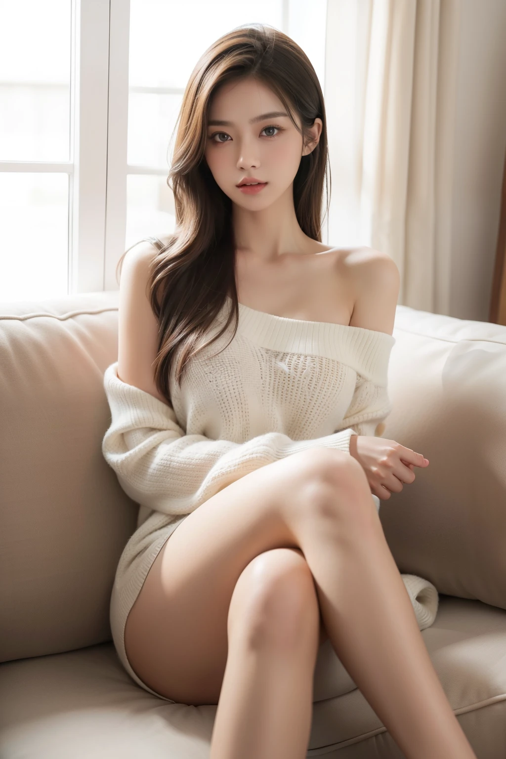 1girl,sitting on a cozy couch,crossing legs,soft light, perfect body, perfect eyes, super fine eyes, super fine mouth, super fine face, very detailed, very detailed eyes, very detailed face, super fine fingers, perfect face, super model, very beautiful girl, asian, perfect lighting, raw photo.