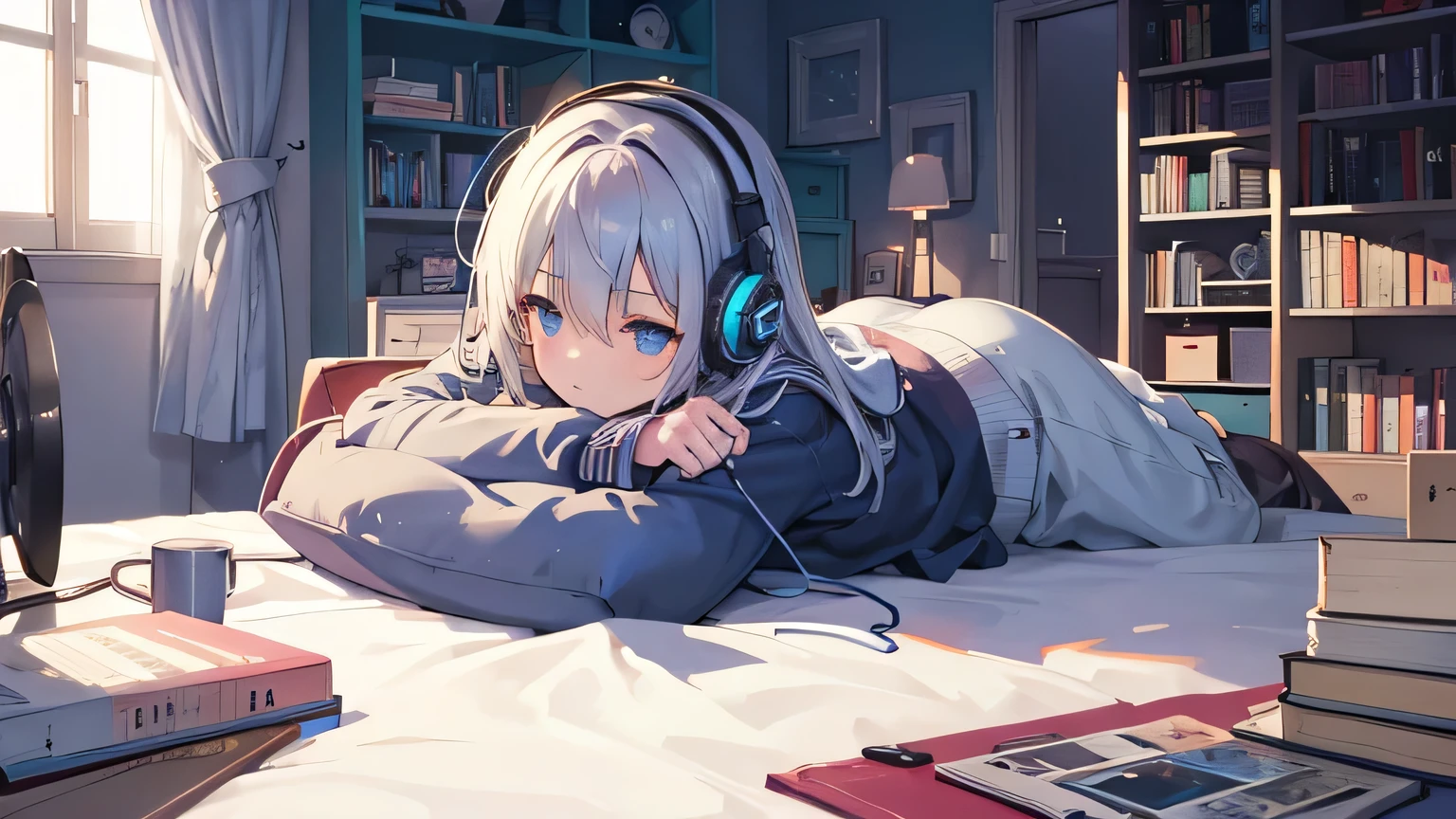 Indirect lighting shines in the bedroom at night, The curtains flutter slightly in the wind. lots of things、A room with a messy desk and books. lying in bed、Anime illustration of a girl listening to music with headphones on while leaning on her chin