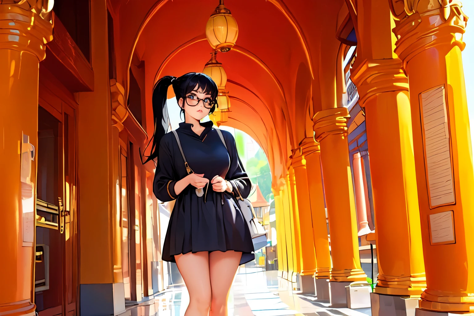 ((Wide angle, full body image)) Beautiful female tourist, black hair, ponytail, bangs, large glasses, smock, ((wearing a preppy style outfit)), morning light, Wat Pho