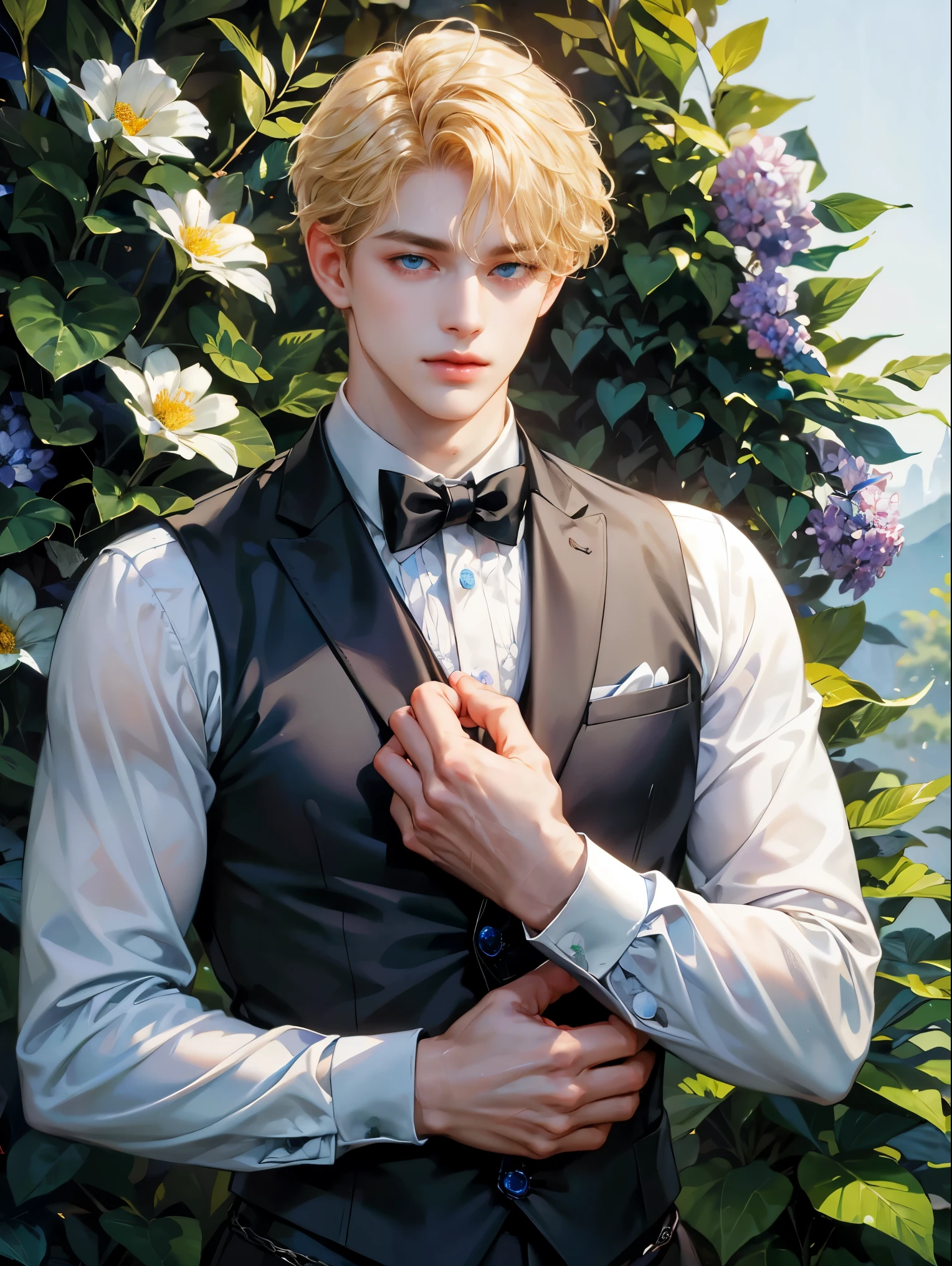 A boy, short blonde hair, wavy hair. Sky blue eyes. He wears white shirt with black vest. Handsome guy, detailed eyes, detailed face, detailed hands, he looks at the viewer. Background a forest with flowers