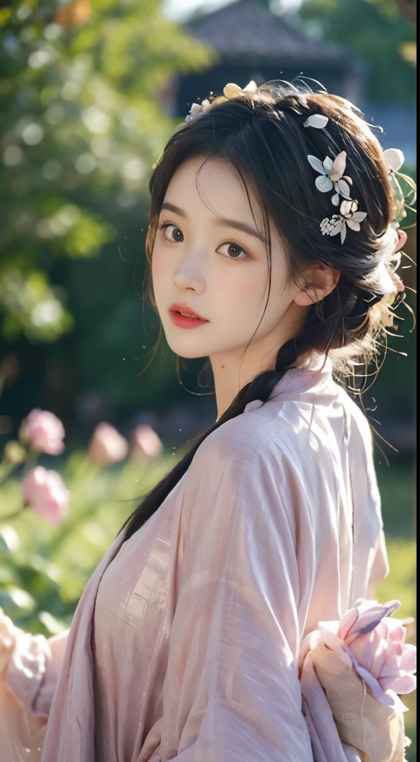 1 girl，Beautiful and moving， floral pattern， glowing skin， charming gaze， Decorative clothing， natural lighting， See deeply， romantic environment， dreamy pastel color palette， Whimsical details， Capture on film，(8K, original photo:1.2), best quality, ultra high resolution，Cg unified 8k wallpaper，masterpiece，best quality，super detailed