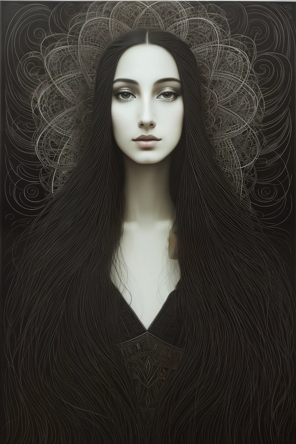 A mesmerizing painting of a woman with long locks, known as a muse in this captivating artpiece, inspires awe in the viewer with its intricate acrylic execution. Echoes of Jan Toorop's enchanting artistry dance across the canvas, gracing the audience with a sense of ethereal transcendence. This exquisite creation finds a home on the popular platform, Tumblr, where admirers of fine art can appreciate its beauty.
The painting's style, reminiscent of Stanley Donwood's masterful work, embraces the captivating gray scale. The woman's hair, a cascade of dark shadows