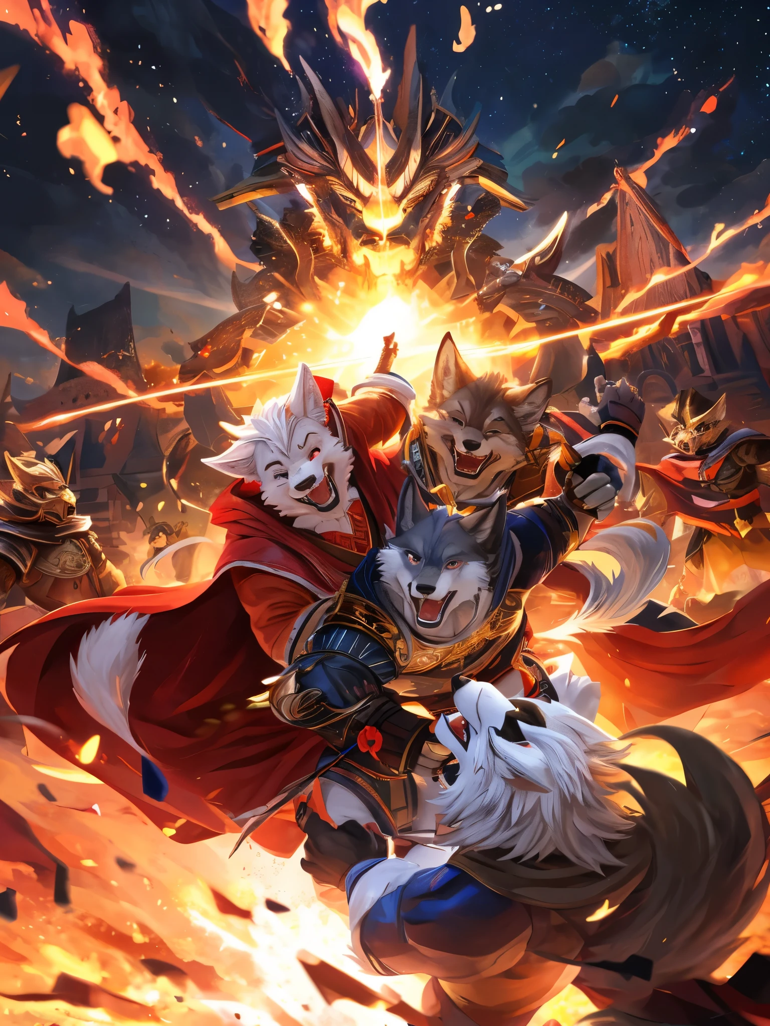 Anthro((dramatic))epic, dynamic pose, One scene of movie, An extreme perspective with a powerful composition, absurdres, Perfect Anatomy, magnificent picture of kemono fighting fierce battles, (ultra detailed), sharp focus, niji, eyesgod, black eye, furry, light-white fur, brown fur, white beard, anthro (wolf), male, middle-aged, gray body, white belly, tail, muscular, knight costume, long red cherry cloak, ultra detailed face, depth of field, motion blur, (best quality), (masterpiece), high details, high quality, award winning, highres, HD, 16k, laughing face, close-up of joyful expressions, a group of friends, genuine laughter, delightful camaraderie, joyful atmosphere, radiant smiles, contagious happiness, heartwarming laughter, friends sharing a joke, carefree moments, genuine laughter, cheerful companionship, close bond, unforgettable memories, joyous laughter, pure happiness, authentic emotions, shared laughter, positive vibes, genuine connection, happy moments, life's simple pleasures, warmth and laughter, genuine friendship, precious moments, happy gathering, vibrant energy, carefree joy, laughter echoing in the air, everlasting smiles, (best quality,4k,8k,highres,masterpiece:1.2),ultra-detailed,realistic:1.37,HDR,UHD,studio lighting,extreme detail description,professional,vivid colors,bokeh,lively atmosphere, natural lighting
