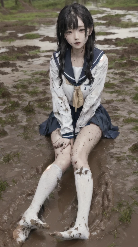 (highest quality,4k,8K,High resolution,masterpiece:1.2),Super detailed,(realistic,photorealistic,photo-realistic:1.37),High resolution、masterpiece、Slender and cute high school girl、Active girl in her early teens、loli face, shortcut、well-groomed face、muddy socks、high school girl sailor suit、(Mud-stained sailor uniform shirt and navy miniskirt)、(muddy white knee socks), (Covered in mudのローファー), schoolyard、Covered in mud、Clothes stained with mud、soaking wet、swamp、playing in the mud、realistic texture、Sleep on the ground、Clothes and body are soiled with dirt、Muddy face、wet hair, dirty upper body, 