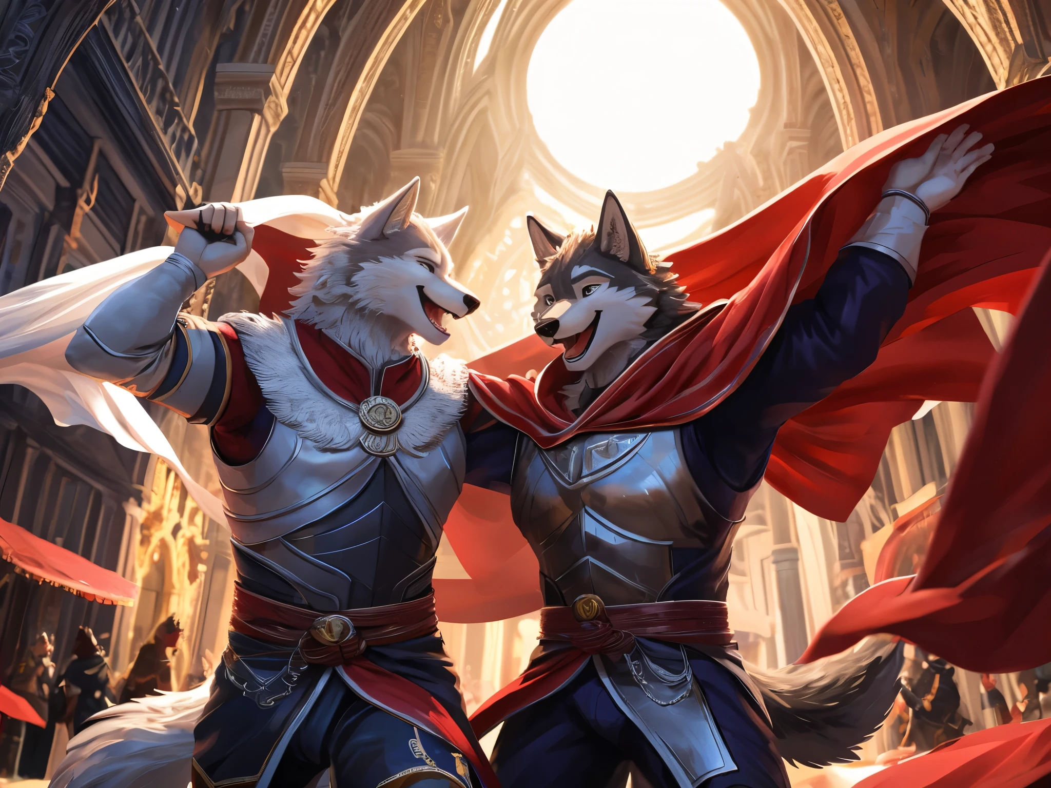 Anthro((dramatic))epic, dynamic pose, One scene of movie, An extreme perspective with a powerful composition, absurdres, Perfect Anatomy, magnificent picture of kemono fighting fierce battles, (ultra detailed), sharp focus, niji, eyesgod, black eye, furry, light-white fur, brown fur, white beard, anthro (wolf), male, middle-aged, gray body, white belly, tail, muscular, knight costume, long red cherry cloak, ultra detailed face, depth of field, motion blur, (best quality), (masterpiece), high details, high quality, award winning, highres, HD, 16k, laughing face, close-up of joyful expressions, a group of friends, genuine laughter, delightful camaraderie, joyful atmosphere, radiant smiles, contagious happiness, heartwarming laughter, friends sharing a joke, carefree moments, genuine laughter, cheerful companionship, close bond, unforgettable memories, joyous laughter, pure happiness, authentic emotions, shared laughter, positive vibes, genuine connection, happy moments, life's simple pleasures, warmth and laughter, genuine friendship, precious moments, happy gathering, vibrant energy, carefree joy, laughter echoing in the air, everlasting smiles, (best quality,4k,8k,highres,masterpiece:1.2),ultra-detailed,realistic:1.37,HDR,UHD,studio lighting,extreme detail description,professional,vivid colors,bokeh,lively atmosphere, natural lighting