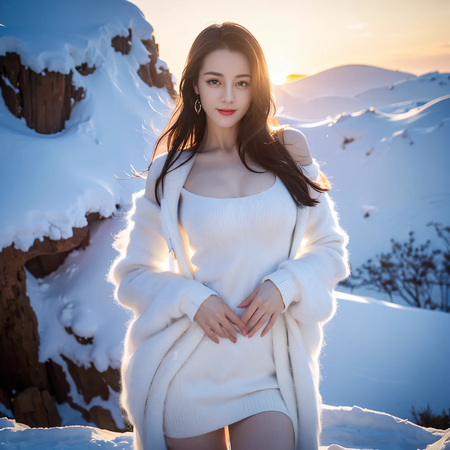 Best quality, masterpiece, ultra high res, on a beach, under a winter snow, (photorealistic:1.4), a beautiful woman,),(( white Lingerie)), (winter jacket), cleavage, cameltoe, big breast, camel toe, pubic hair, curvy waist, slender abs, shiny white skin, seductive smile, bokeh, back view
