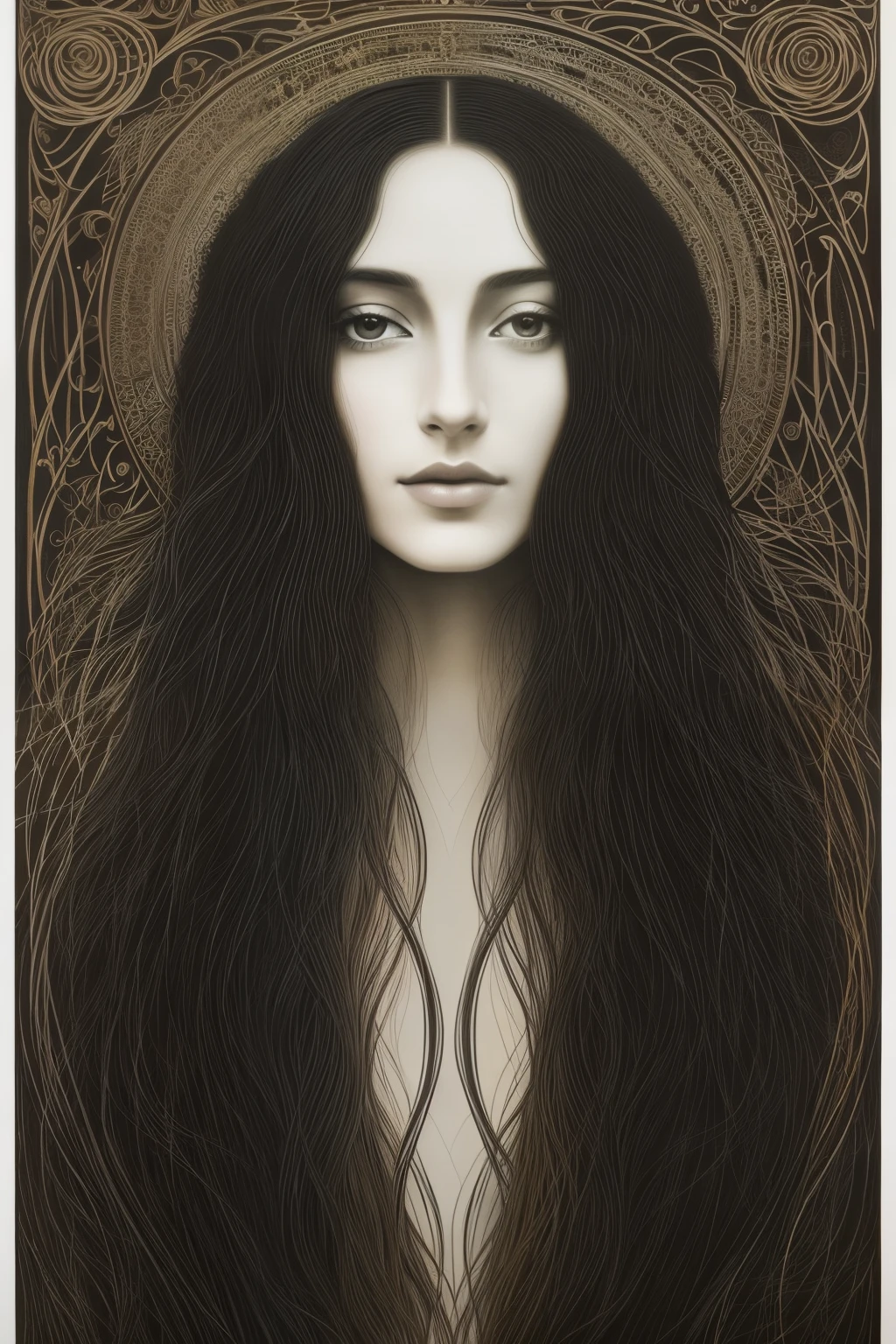 A mesmerizing painting of a woman with long locks, known as a muse in this captivating artpiece, inspires awe in the viewer with its intricate acrylic execution. Echoes of Jan Toorop's enchanting artistry dance across the canvas, gracing the audience with a sense of ethereal transcendence. This exquisite creation finds a home on the popular platform, Tumblr, where admirers of fine art can appreciate its beauty.

The painting's style, reminiscent of Stanley Donwood's masterful work, embraces the captivating gray scale. The woman's hair, a cascade of dark shadows