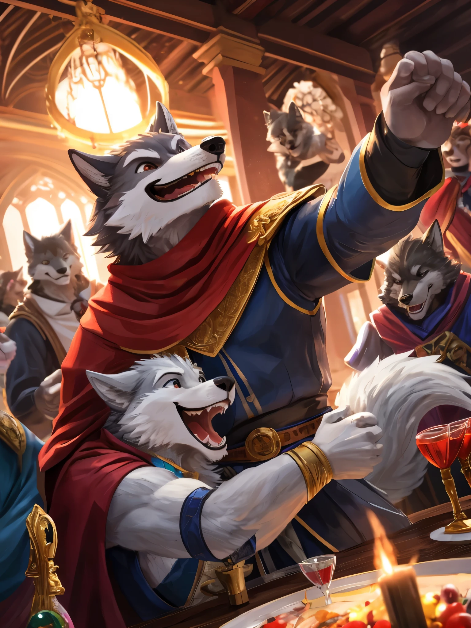 ((best quality)), ((masterpiece)), (Ultra detailed), ((4k)) , Furry , Anthro , Wolf , Light Blue Fur , Red Fur Mix , Middle Ages , Beard , Muscle , Good Looking , Handsome , Having Fun , Blush , Laugh