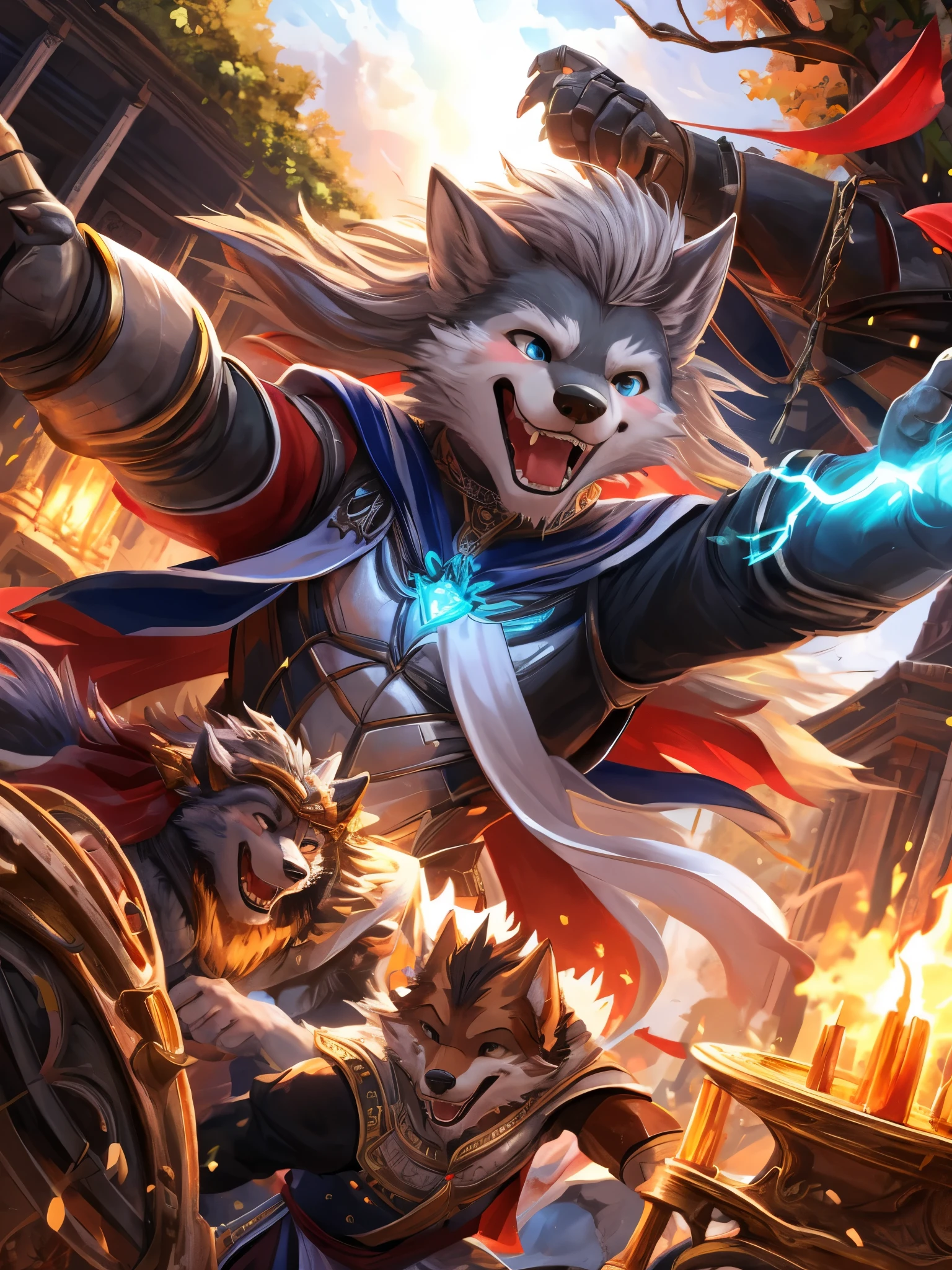 Anthro((dramatic))epic, dynamic pose, One scene of movie, An extreme perspective with a powerful composition, absurdres, Perfect Anatomy, magnificent picture of kemono fighting fierce battles, (ultra detailed), sharp focus, niji, eyesgod, black eye, furry, light-white fur, brown fur, white beard, anthro (wolf), male, middle-aged, gray body, white belly, tail, muscular, knight costume, long red cherry cloak, ultra detailed face, depth of field, motion blur, (best quality), (masterpiece), high details, high quality, award winning, highres, HD, 16k, laughing face, close-up of joyful expressions, a group of friends, genuine laughter, delightful camaraderie, joyful atmosphere, radiant smiles, contagious happiness, heartwarming laughter, friends sharing a joke, carefree moments, genuine laughter, cheerful companionship, close bond, unforgettable memories, joyous laughter, pure happiness, authentic emotions, shared laughter, positive vibes, genuine connection, happy moments, life's simple pleasures, warmth and laughter, genuine friendship, precious moments, happy gathering, vibrant energy, carefree joy, laughter echoing in the air, everlasting smiles, (best quality,4k,8k,highres,masterpiece:1.2),ultra-detailed,realistic:1.37,HDR,UHD,studio lighting,extreme detail description,professional,vivid colors,bokeh,lively atmosphere, natural lighting