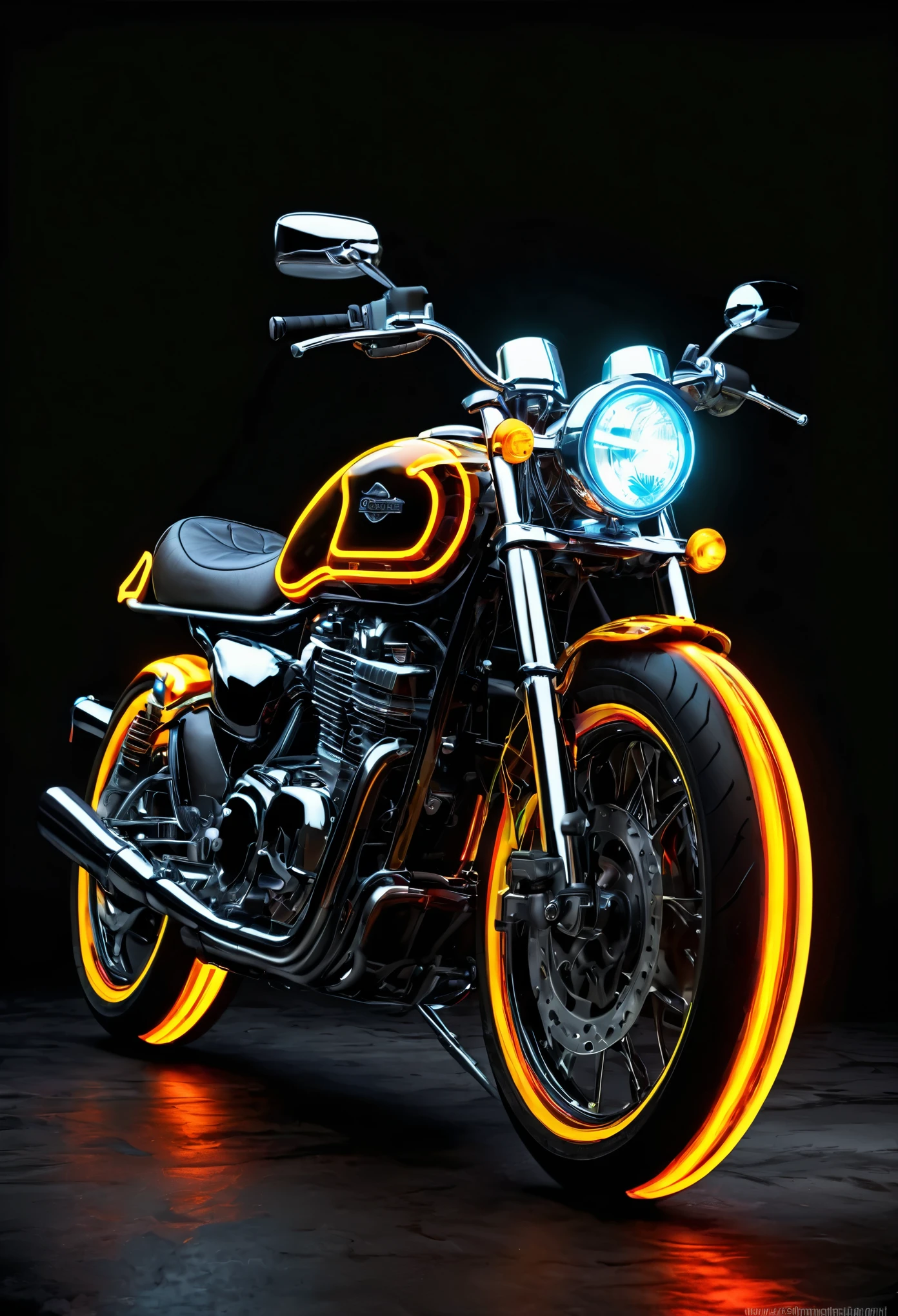in style of Nick Veasey,motorcycle,Neon special effects,Glowing special effects,high definition,high resolution, dynamic perspective