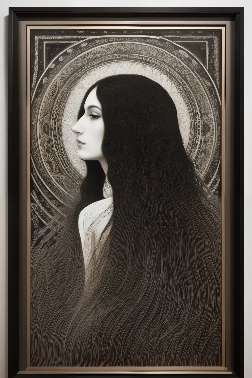A mesmerizing painting of a woman with long locks, known as a muse in this captivating artpiece, inspires awe in the viewer with its intricate acrylic execution. Echoes of Jan Toorop's enchanting artistry dance across the canvas, gracing the audience with a sense of ethereal transcendence. This exquisite creation finds a home on the popular platform, Tumblr, where admirers of fine art can appreciate its beauty.
The painting's style, reminiscent of Stanley Donwood's masterful work, embraces the captivating gray scale. The woman's hair, a cascade of dark shadows