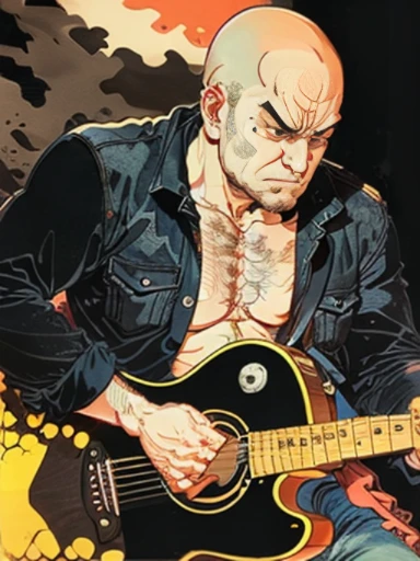 A man with a shaved head is shirtless and plays a black acoustic guitar，buzz cut，Floating world style，KHD，simple background，（angry look），master piece，KHD、
