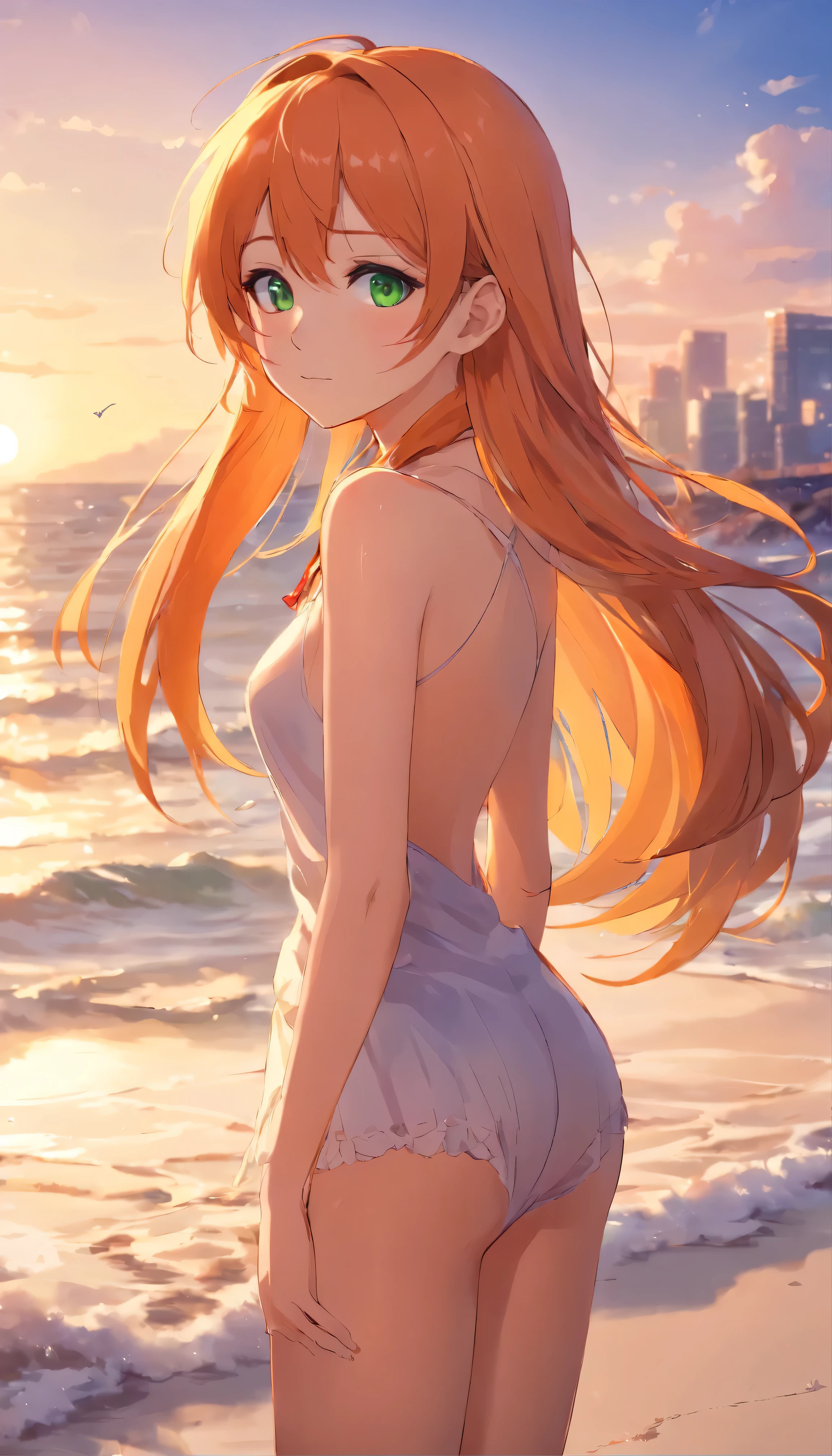 Anime girl with long orange hair, standing on the beach near the ocean, green eyes detailed digital anime art, anime girl with long hair, гладкое аниме cg art, anime girl with long hair, digital anime art, work in Guweiz style, Beautiful anime portrait, Photorealistic render of an anime girl, pantyhose, Beautiful anime girl, advanced digital anime art, guweiz на artstation pixiv HD UHD HQ
