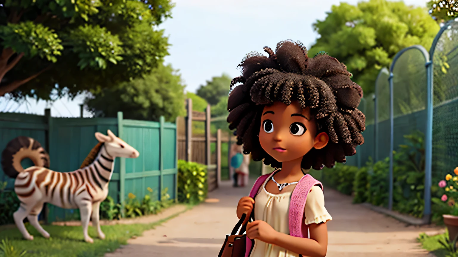 afro hair girl in a zoo