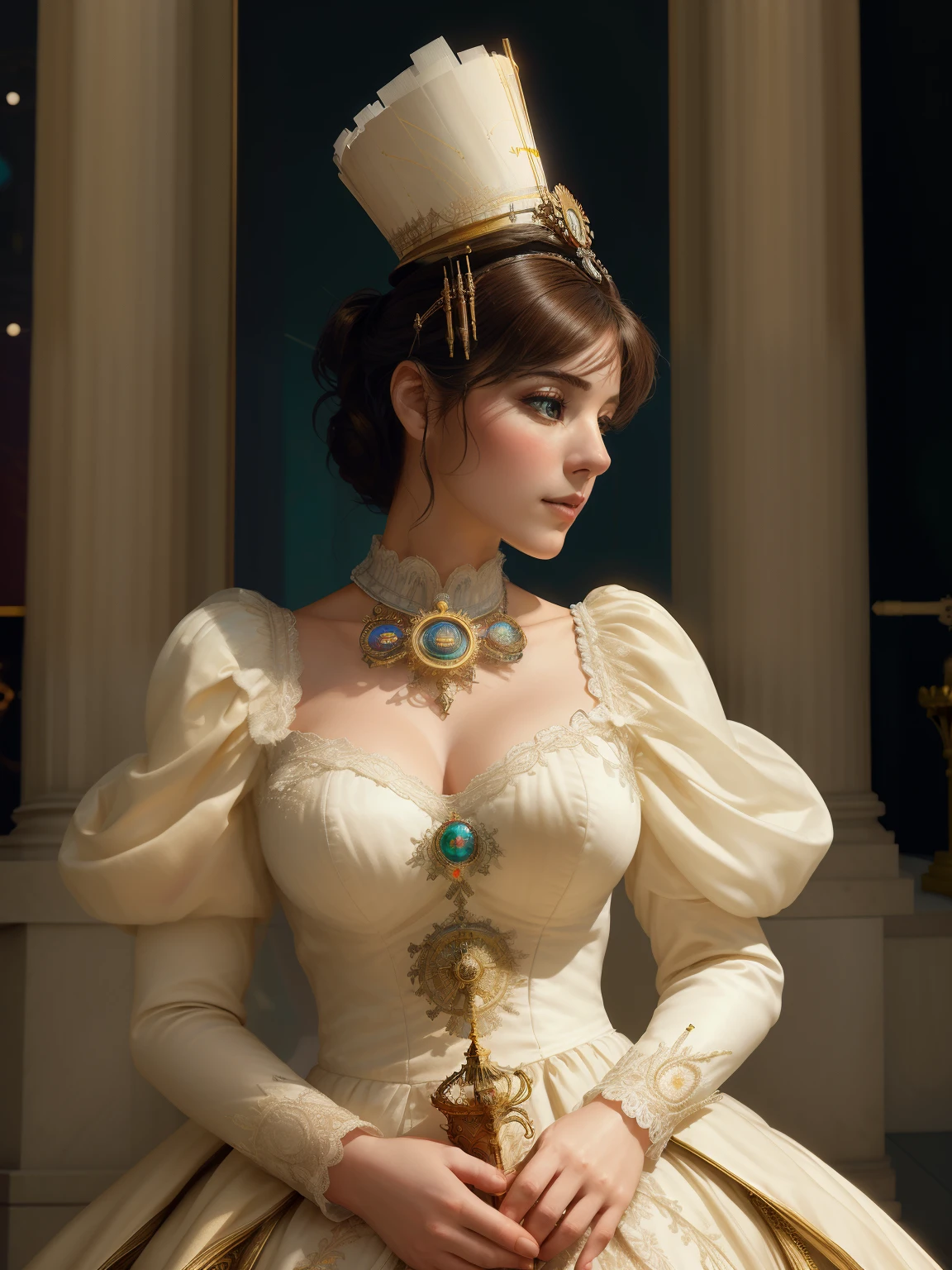 (Very detailed and realistic CG, masterpiece, highest quality, Super detailed), 1.woman, vaporpunk, cent. Paul&#39;s Metropolitan Cathedral, (best illumination, best shadow, very delicate and beautiful), dynamic angle, movie-like atmosphere, Ornate metalwork, device, clockwork, cigarette, vapor, period costume, bright colors.  