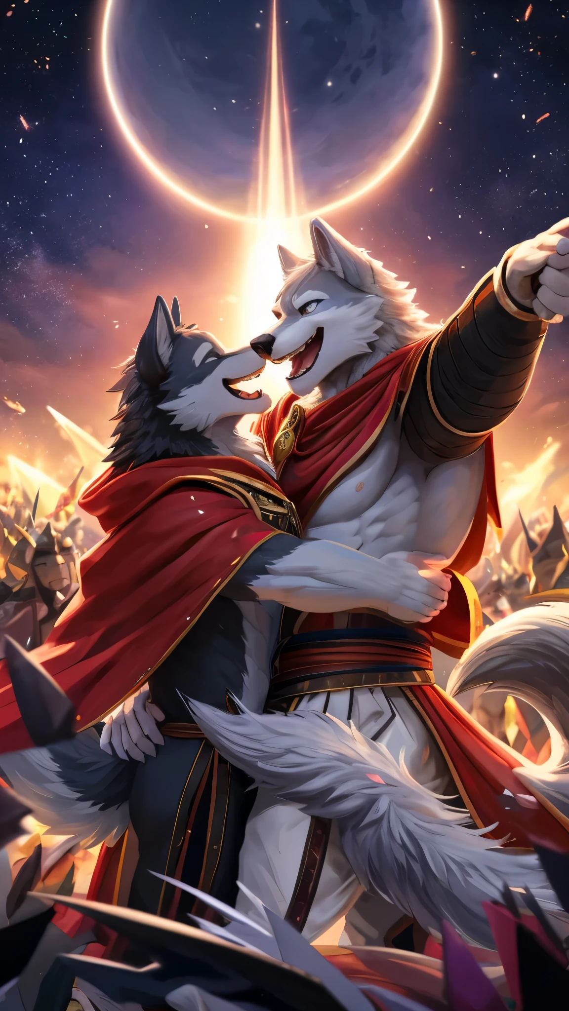 Anthro((dramatic))epic, dynamic pose, One scene of movie, An extreme perspective with a powerful composition, absurdres, Perfect Anatomy, magnificent picture of kemono fighting fierce battles, (ultra detailed), sharp focus, niji, eyesgod, black eye, furry, light-white fur, brown fur, white beard, anthro (wolf), male, middle-aged, gray body, white belly, tail, muscular, knight costume, long red cherry cloak, ultra detailed face, depth of field, motion blur, (best quality), (masterpiece), high details, high quality, award winning, highres, HD, 16k, laughing face, close-up of joyful expressions, a group of friends, genuine laughter, delightful camaraderie, joyful atmosphere, radiant smiles, contagious happiness, heartwarming laughter, friends sharing a joke, carefree moments, genuine laughter, cheerful companionship, close bond, unforgettable memories, joyous laughter, pure happiness, authentic emotions, shared laughter, positive vibes, genuine connection, happy moments, life's simple pleasures, warmth and laughter, genuine friendship, precious moments, happy gathering, vibrant energy, carefree joy, laughter echoing in the air, everlasting smiles, (best quality,4k,8k,highres,masterpiece:1.2),ultra-detailed,realistic:1.37,HDR,UHD,studio lighting,extreme detail description,professional,vivid colors,bokeh,lively atmosphere, natural lighting