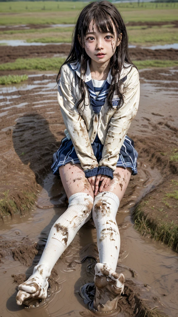 (highest quality,4k,8K,High resolution,masterpiece:1.2),Super detailed,(realistic,photorealistic,photo-realistic:1.37),High resolution、masterpiece、Slender and cute high school girl、Active girl in her early teens、loli face, shortcut、well-groomed face、muddy socks、high school girl sailor suit、(Mud-stained sailor uniform shirt and navy miniskirt)、(muddy white knee socks), (Covered in mudのローファー), schoolyard、Covered in mud、Clothes stained with mud、soaking wet、swamp、playing in the mud、realistic texture、Sleep on the ground、Clothes and body are soiled with dirt、Muddy face、wet hair, dirty upper body, 