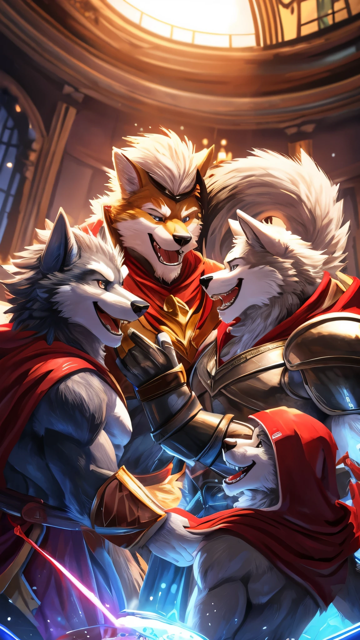 Anthro((dramatic))epic, dynamic pose, One scene of movie, An extreme perspective with a powerful composition, absurdres, Perfect Anatomy, magnificent picture of kemono fighting fierce battles, (ultra detailed), sharp focus, niji, eyesgod, black eye, furry, light-white fur, brown fur, white beard, anthro (wolf), male, middle-aged, gray body, white belly, tail, muscular, knight costume, long red cherry cloak, ultra detailed face, depth of field, motion blur, (best quality), (masterpiece), high details, high quality, award winning, highres, HD, 16k, laughing face, close-up of joyful expressions, a group of friends, genuine laughter, delightful camaraderie, joyful atmosphere, radiant smiles, contagious happiness, heartwarming laughter, friends sharing a joke, carefree moments, genuine laughter, cheerful companionship, close bond, unforgettable memories, joyous laughter, pure happiness, authentic emotions, shared laughter, positive vibes, genuine connection, happy moments, life's simple pleasures, warmth and laughter, genuine friendship, precious moments, happy gathering, vibrant energy, carefree joy, laughter echoing in the air, everlasting smiles, (best quality,4k,8k,highres,masterpiece:1.2),ultra-detailed,realistic:1.37,HDR,UHD,studio lighting,extreme detail description,professional,vivid colors,bokeh,lively atmosphere, natural lighting