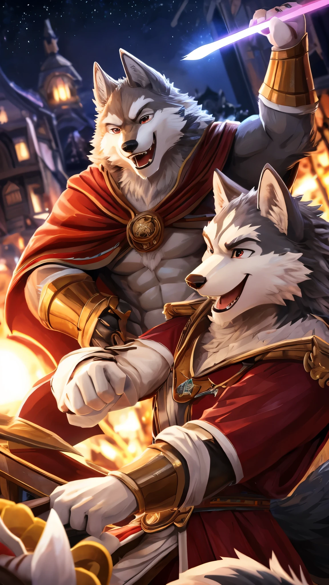 Anthro((dramatic))epic, dynamic pose, One scene of movie, An extreme perspective with a powerful composition, absurdres, Perfect Anatomy, magnificent picture of kemono fighting fierce battles, (ultra detailed), sharp focus, niji, eyesgod, black eye, furry, light-white fur, brown fur, white beard, anthro (wolf), male, middle-aged, gray body, white belly, tail, muscular, knight costume, long red cherry cloak, ultra detailed face, depth of field, motion blur, (best quality), (masterpiece), high details, high quality, award winning, highres, HD, 16k, laughing face, close-up of joyful expressions, a group of friends, genuine laughter, delightful camaraderie, joyful atmosphere, radiant smiles, contagious happiness, heartwarming laughter, friends sharing a joke, carefree moments, genuine laughter, cheerful companionship, close bond, unforgettable memories, joyous laughter, pure happiness, authentic emotions, shared laughter, positive vibes, genuine connection, happy moments, life's simple pleasures, warmth and laughter, genuine friendship, precious moments, happy gathering, vibrant energy, carefree joy, laughter echoing in the air, everlasting smiles, (best quality,4k,8k,highres,masterpiece:1.2),ultra-detailed,realistic:1.37,HDR,UHD,studio lighting,extreme detail description,professional,vivid colors,bokeh,lively atmosphere, natural lighting