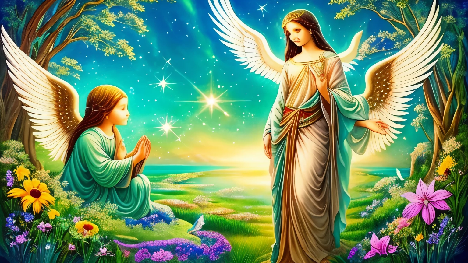 Explore the intersection of spirituality and nature as you depict angels as guardians of the natural world. Envision these divine beings nurturing the earth, protecting endangered species, and restoring balance to ecosystems in need. Let your artwork celebrate the interconnectedness of all living beings and inspire reverence for the beauty and fragility of our planet."