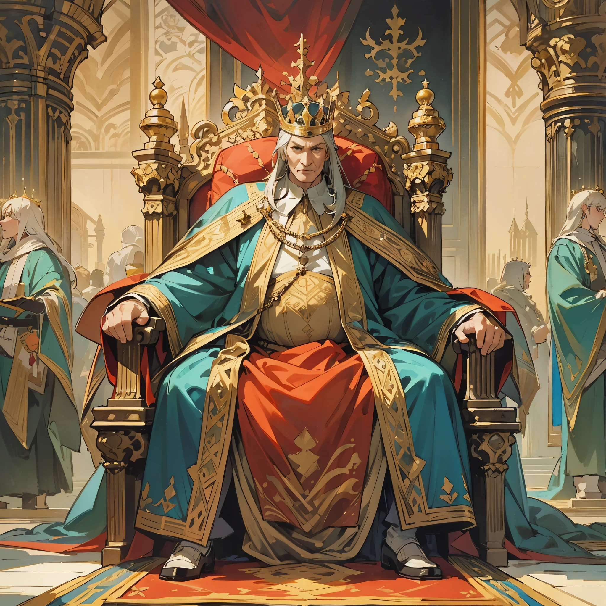 an older man,European medieval royal nobles,king,Wearing gorgeous satin clothes,wearing a crown,Slightly fat body,In the magnificent palace,sit on the throne,Looks very proud and serious。Medium shot composition,full body picture,characters and scenes,Game concept art style,Anime illustration style,watercolor style,Marker style,high-definition,4k。