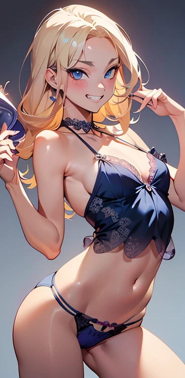 Realistic、1house wife、blonde hair、blue eyes、(eye focus:1.3,face focus,cowboy shot),(gradient eyes:1.3),(sexy tube top ,sexy panties
)、(grin:1.3),cute face、teeth、(tareme:1.3),(small breasts:1.3),