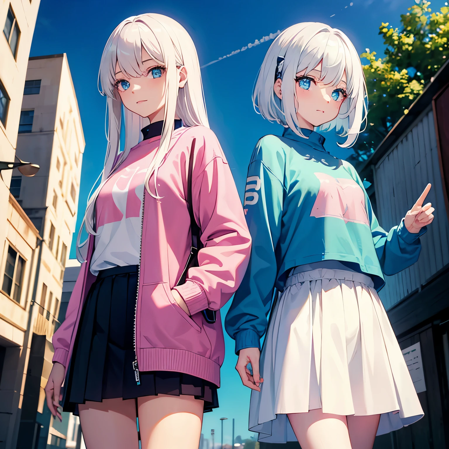 White-haired girl with blue eyes，One is cheerful and the other is introverted，One pink sweatshirt and one blue sweatshirt，Two dimensions，sisters，One short hair, one long hair，One hand in pocket, the other exposed，short skirt，Gemini