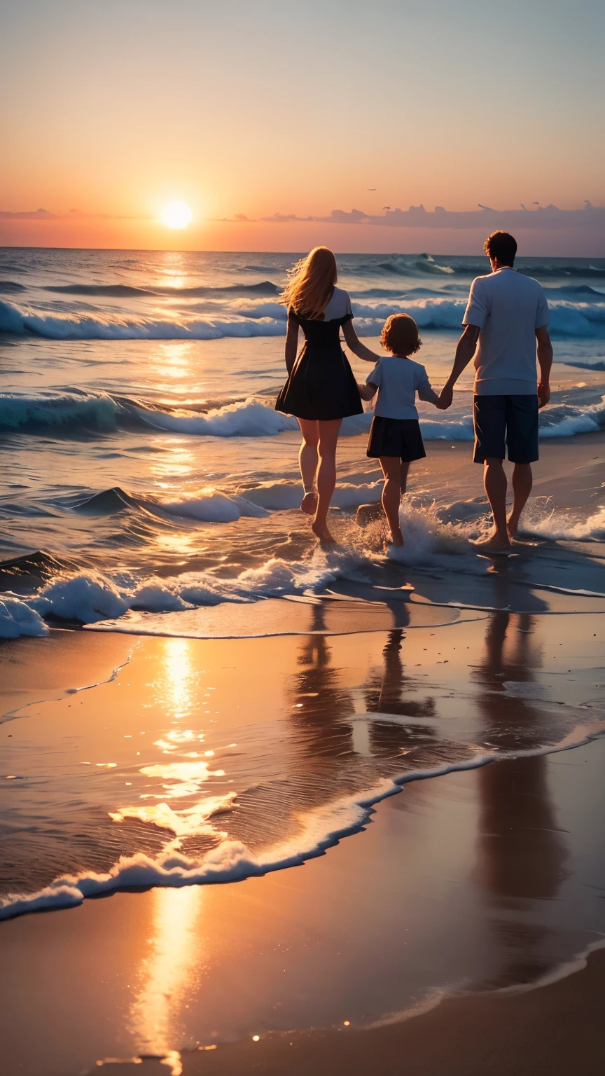A family of four walks along the sandy beach by the sea in the evening towards sunset.、hugging each other
"(setting):(best quality),(masterpiece),(detailed),(ultra detailed),(insanely detailed),(ultra-quality),(highly detailed),(FHD)"