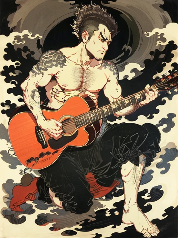 A man with a shaved head is shirtless and plays a black acoustic guitar，buzz cut，Floating world style，KHD，simple background，（angry look），master piece，KHD、
