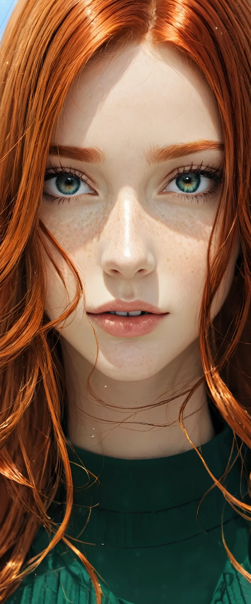 masterpiece, best quality, {best quality}, {{masterpiece}}, {high resolution}, focus, anime style, Cartoon close-up of a woman, girls design, portrait, gisha, anime image, long hair, Red hair, redhead, Look straight into the eyes, Polished and powerful look, out of tune, High, freckle, hapiness, Casual chic clothing, rich and colorful, color