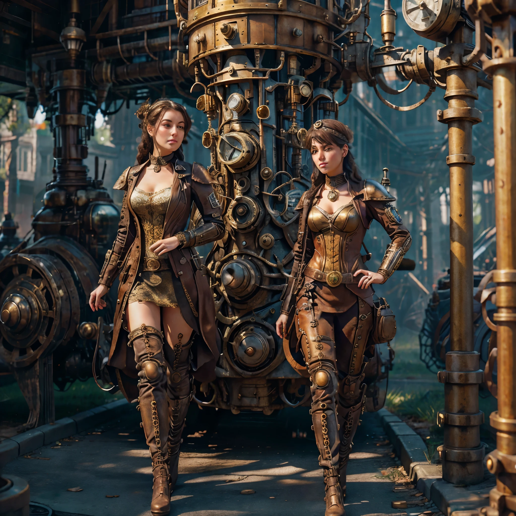 (Best quality: 1.2), ultra-detailed, (realistic, photorealistic, photo-realistic: 1.37), Steampunk scene filled with intricate mechanical wonders, A city where clockwork and steam-powered inventions reign, A mechanical dog with gears for limbs and brass-plated body, Steampunk girl in fashionable Victorian attire, Steampunk fashion adorned with intricate gadgets and lace, Mechanical gadgets whirring and ticking in every hand, Steam train chugging along the industrial landscape, Antique metal structures and vintage lamppost