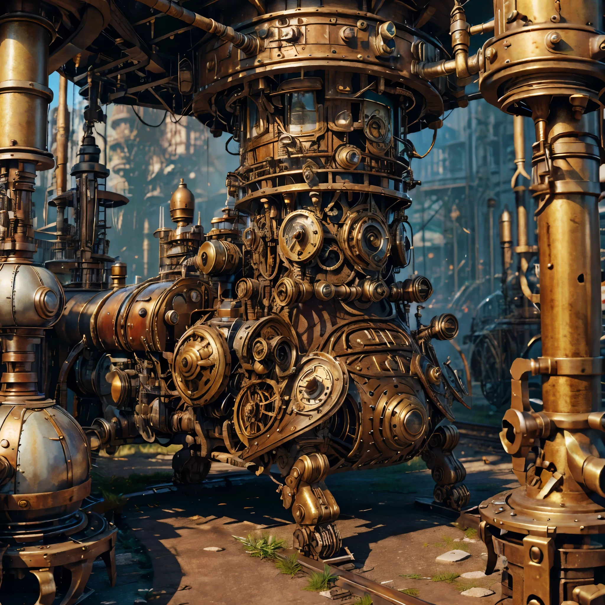(Best quality: 1.2), ultra-detailed, (realistic, photorealistic, photo-realistic: 1.37), Steampunk scene filled with intricate mechanical wonders, A city where clockwork and steam-powered inventions reign, A mechanical dog with gears for limbs and brass-plated body, Steampunk girl in fashionable Victorian attire, Steampunk fashion adorned with intricate gadgets and lace, Mechanical gadgets whirring and ticking in every hand, Steam train chugging along the industrial landscape, Antique metal structures and vintage lamppost